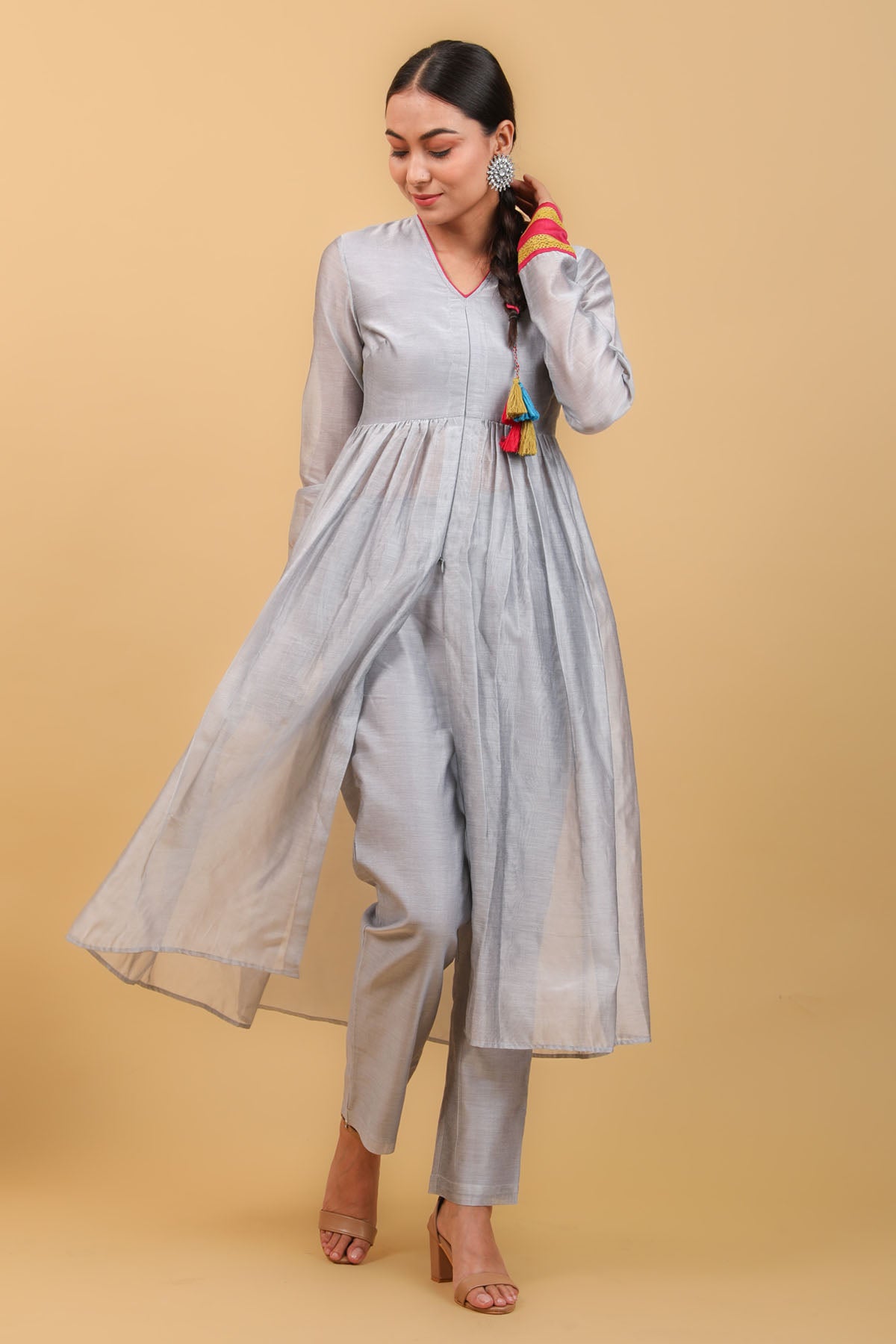 Grey Chanderi Anarkali & Pant Set