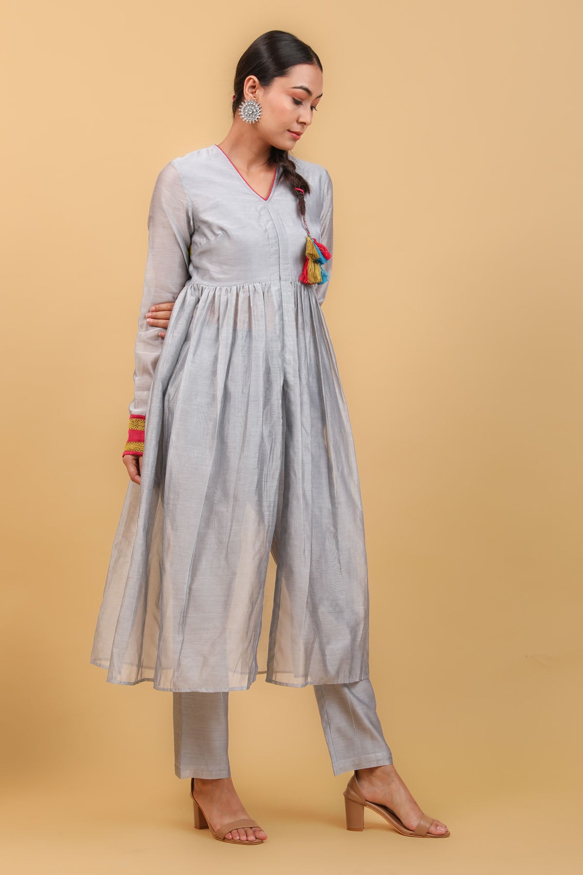 Grey Chanderi Anarkali & Pant Set