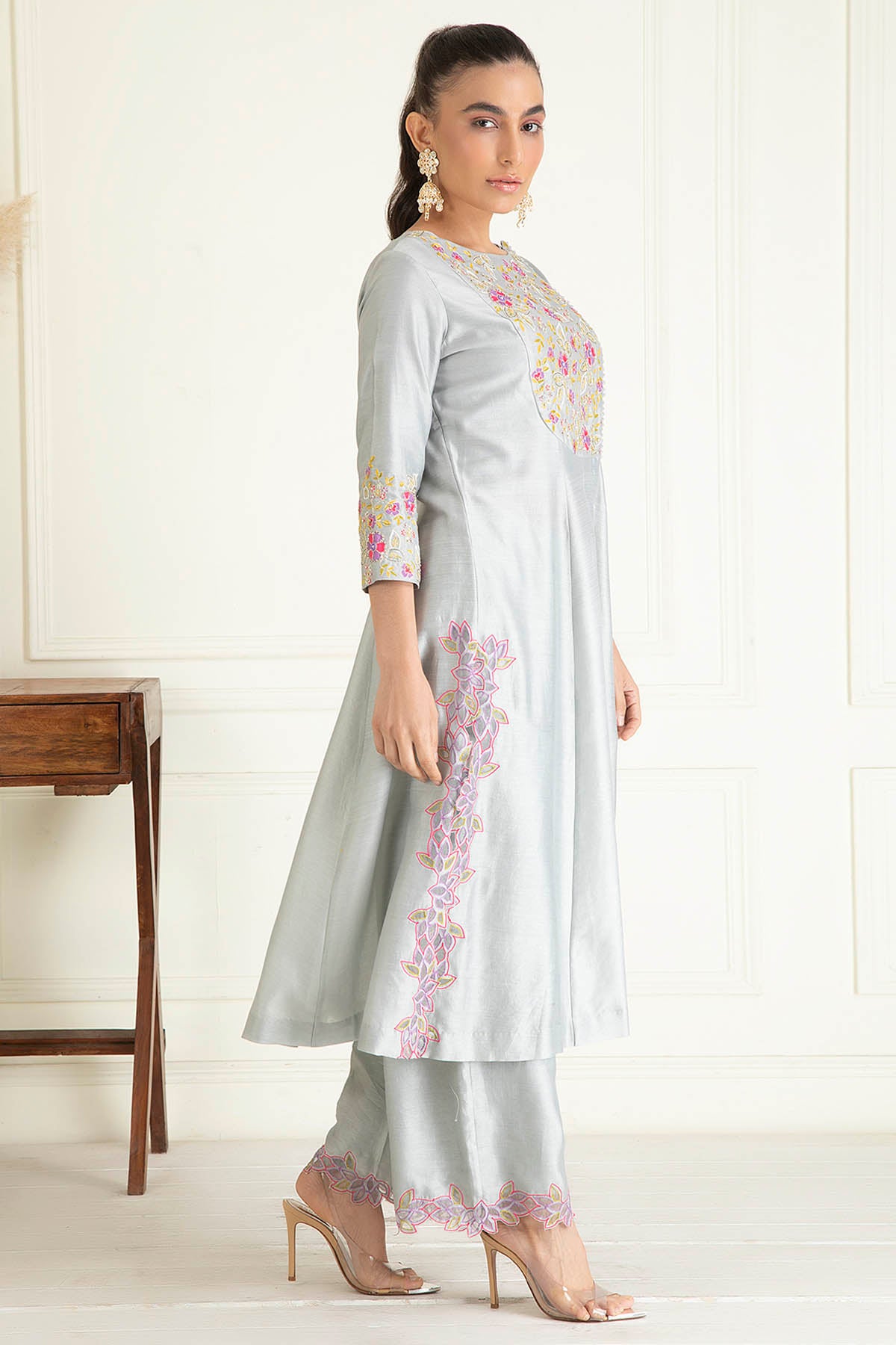 Grey Chanderi Beads Palazzo Set