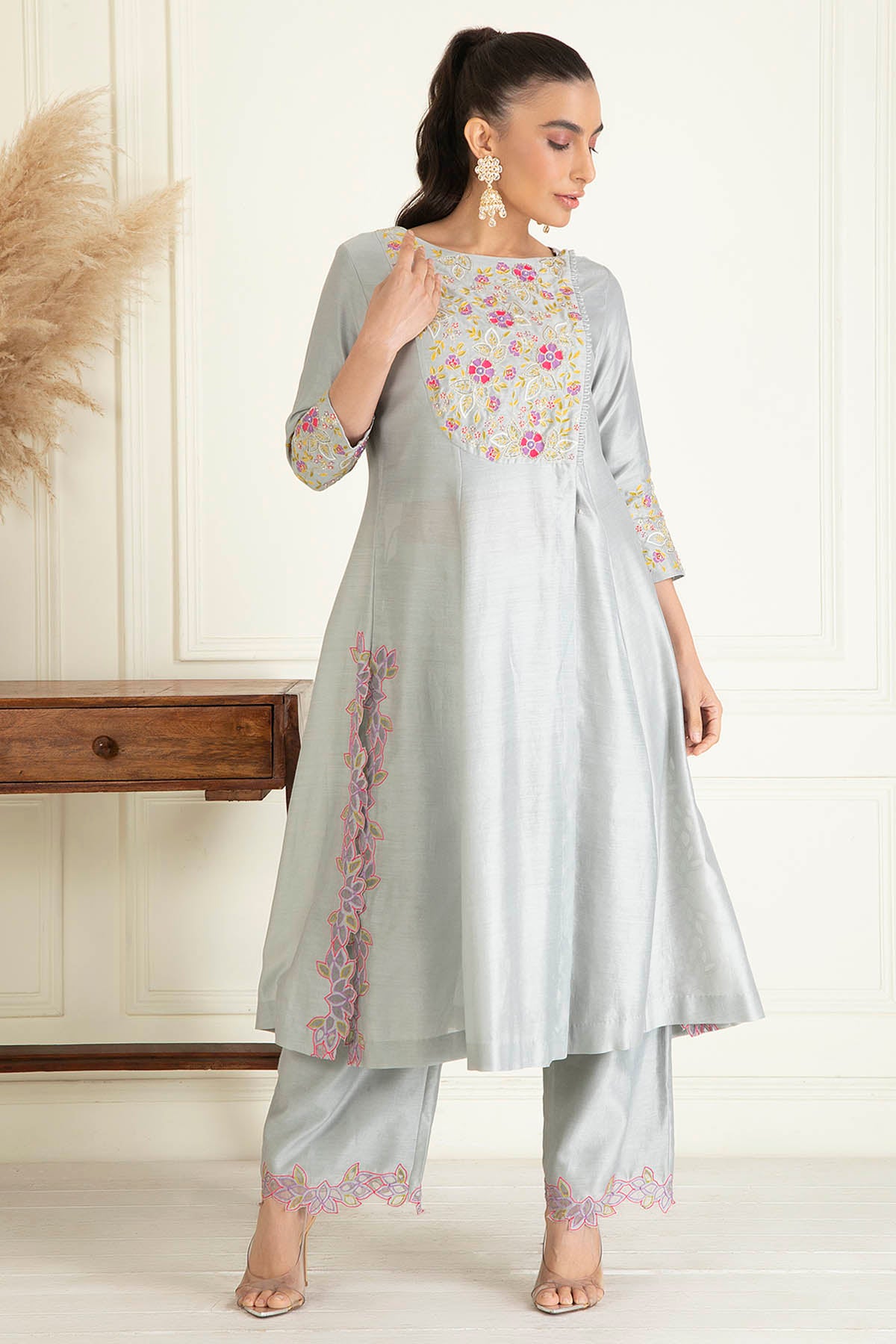 Grey Chanderi Beads Palazzo Set