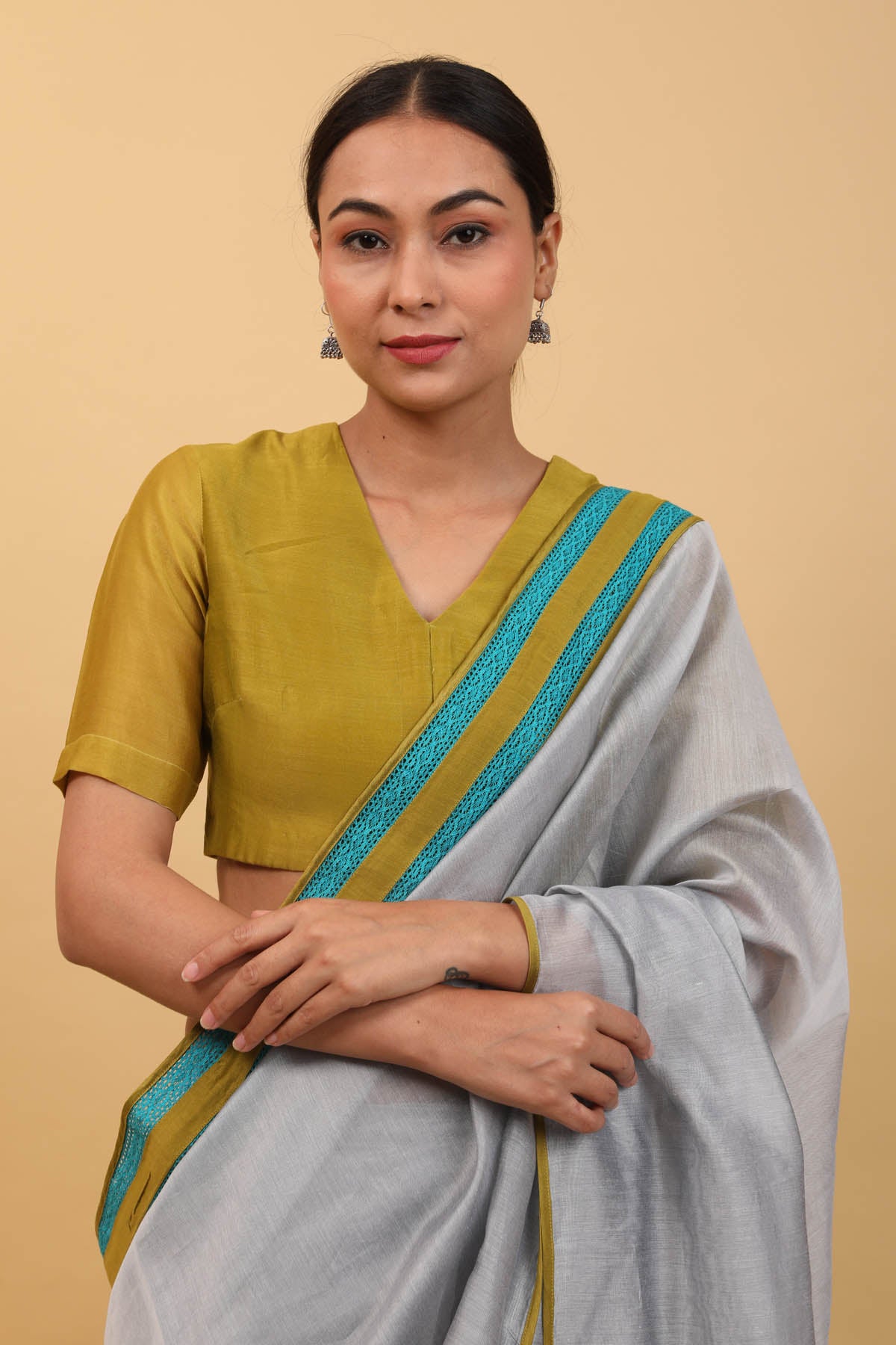 Grey Chanderi Pre Stitched Saree Set