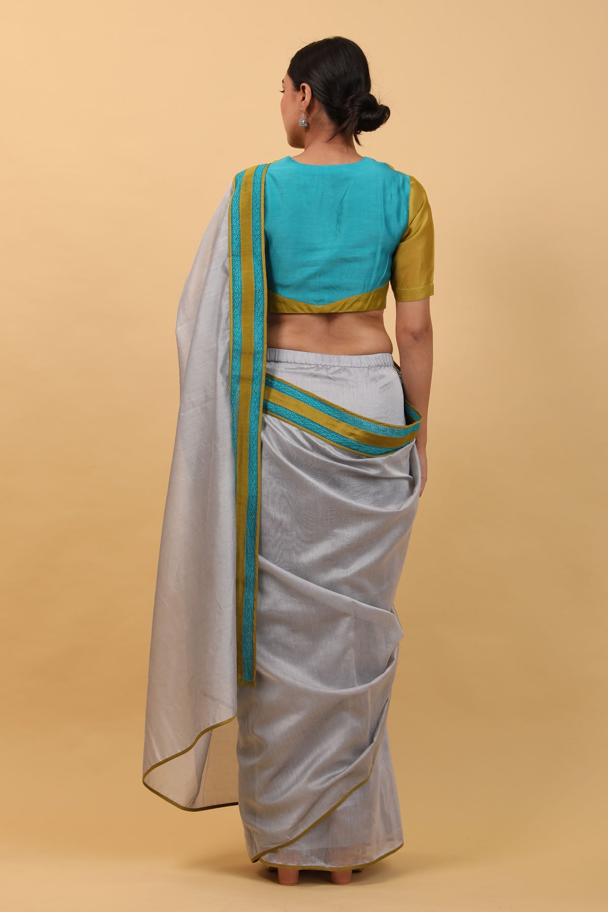 Grey Chanderi Pre Stitched Saree Set