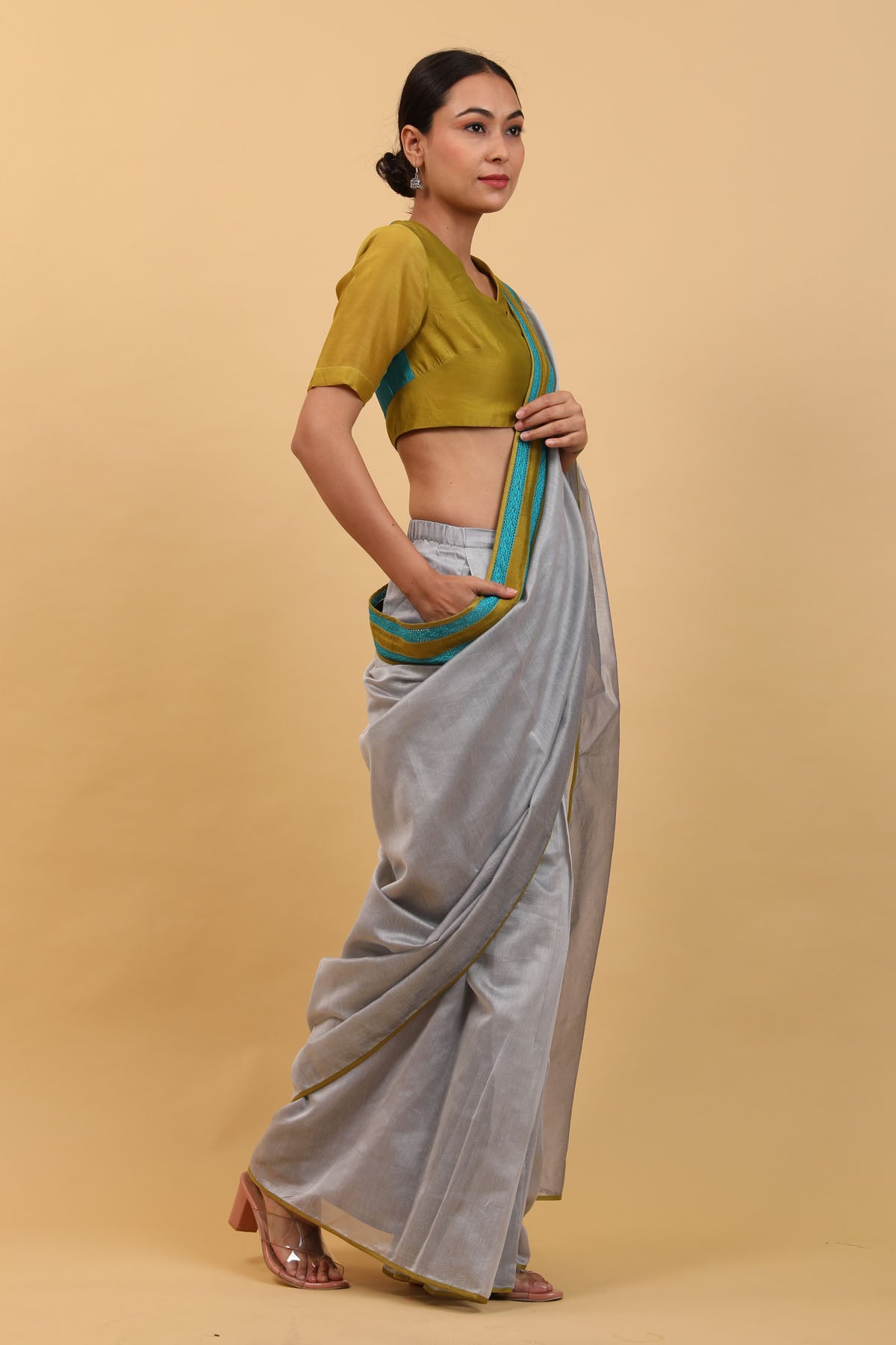 Grey Chanderi Pre Stitched Saree Set