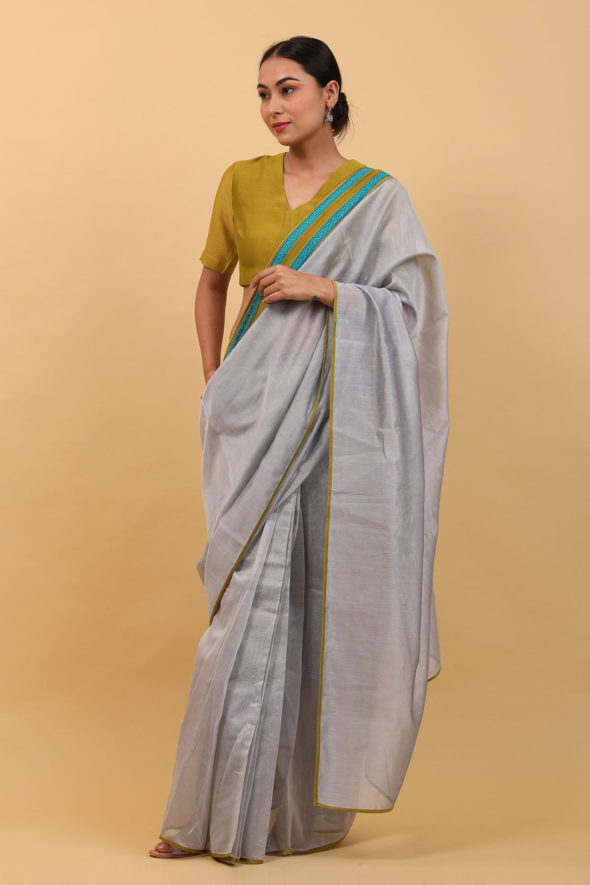 Grey Chanderi Pre Stitched Saree Set