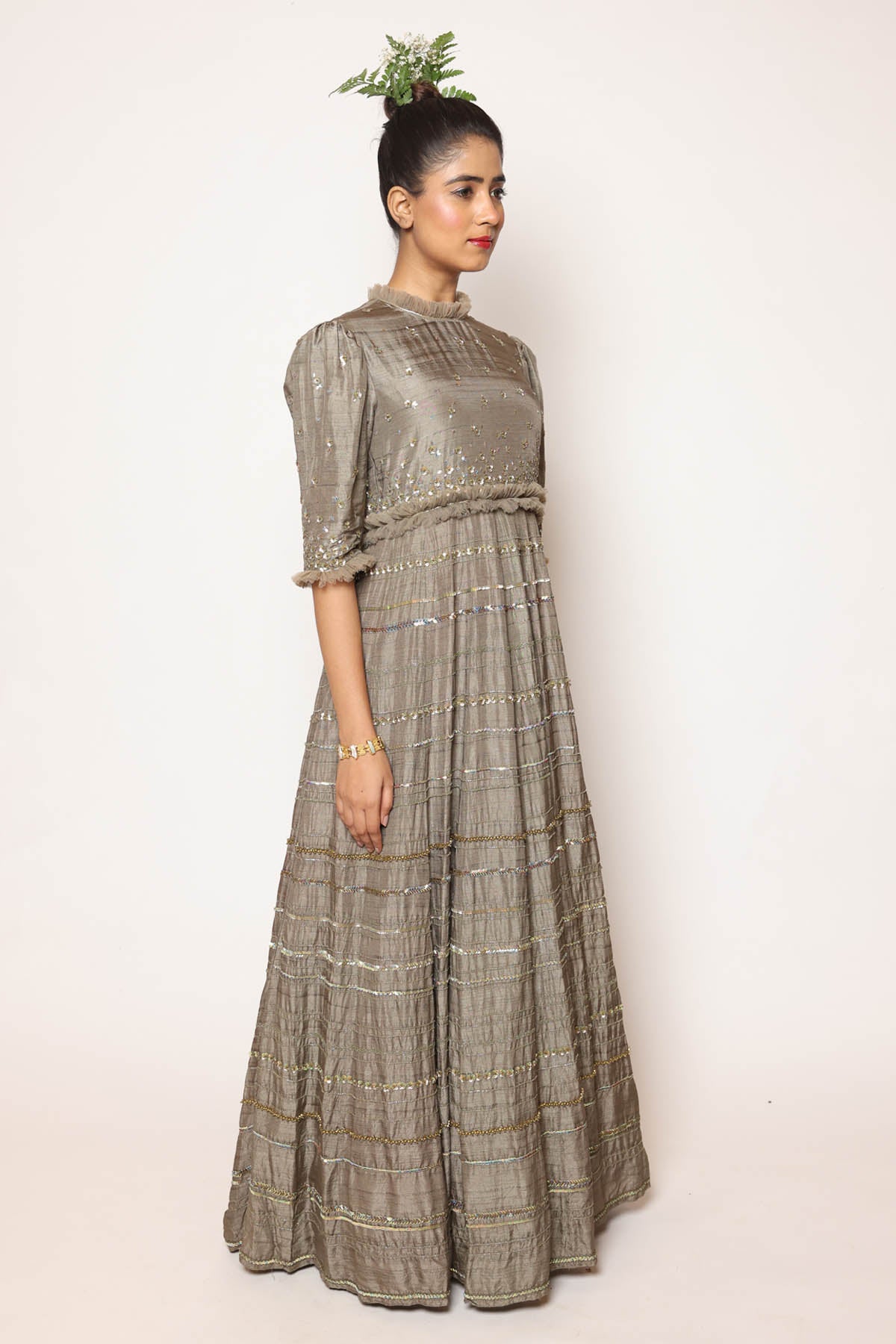 Grey Close Neck Sequins Dress