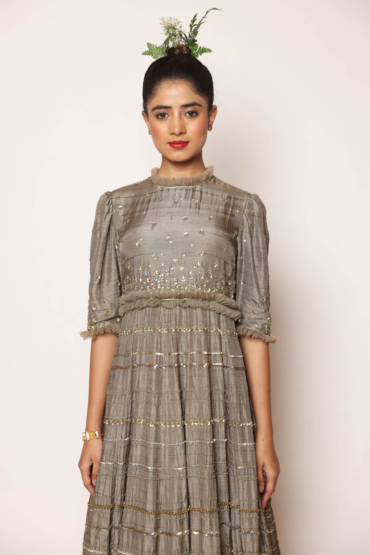 Grey Close Neck Sequins Dress