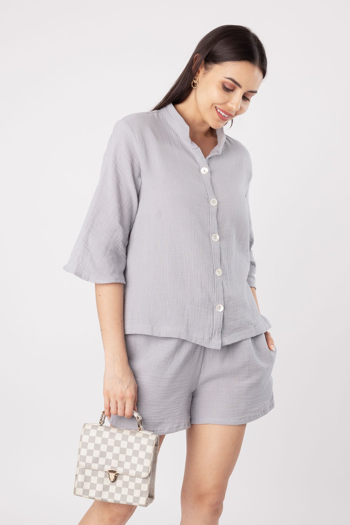 Grey Cotton Blend Shorts Set