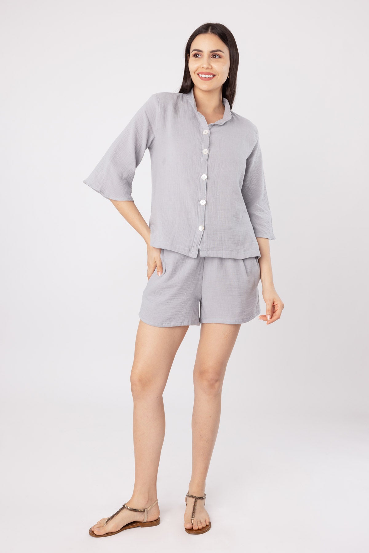 Grey Cotton Blend Shorts Set