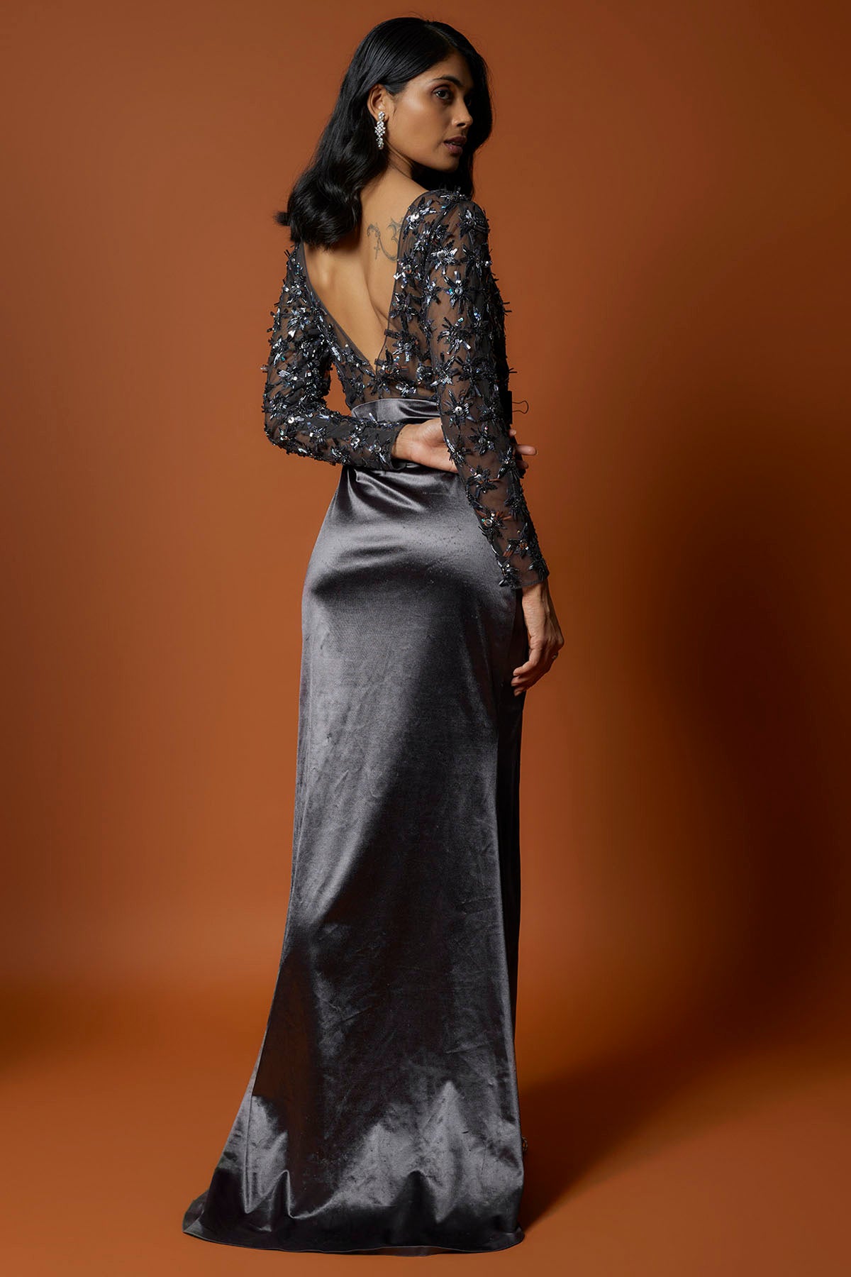Grey Embroidered Cocktail Gown