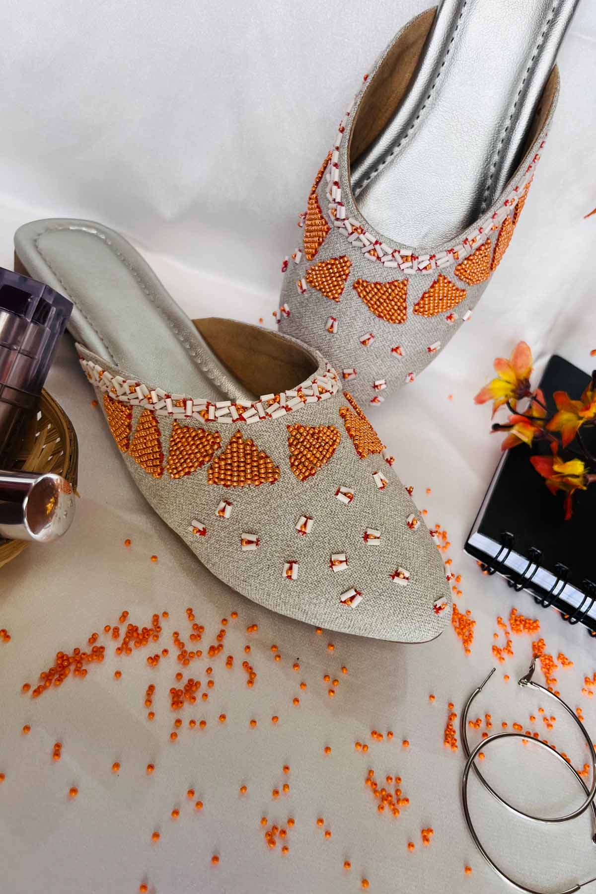 Grey Embroidered Flat Mules