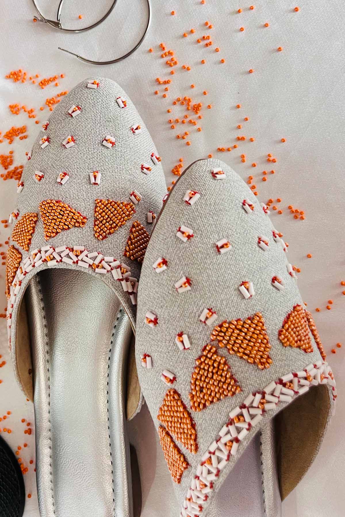 Grey Embroidered Flat Mules