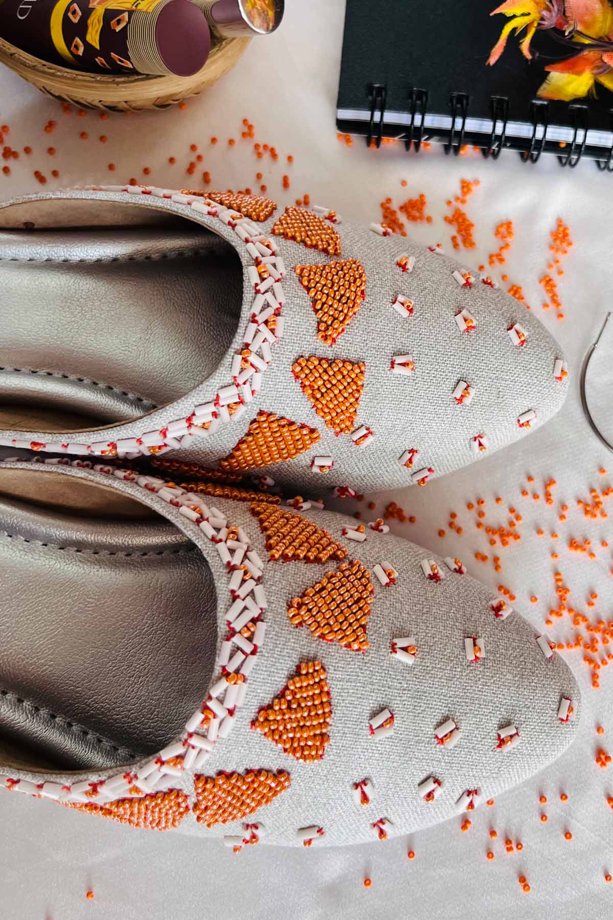 Grey Embroidered Flat Mules