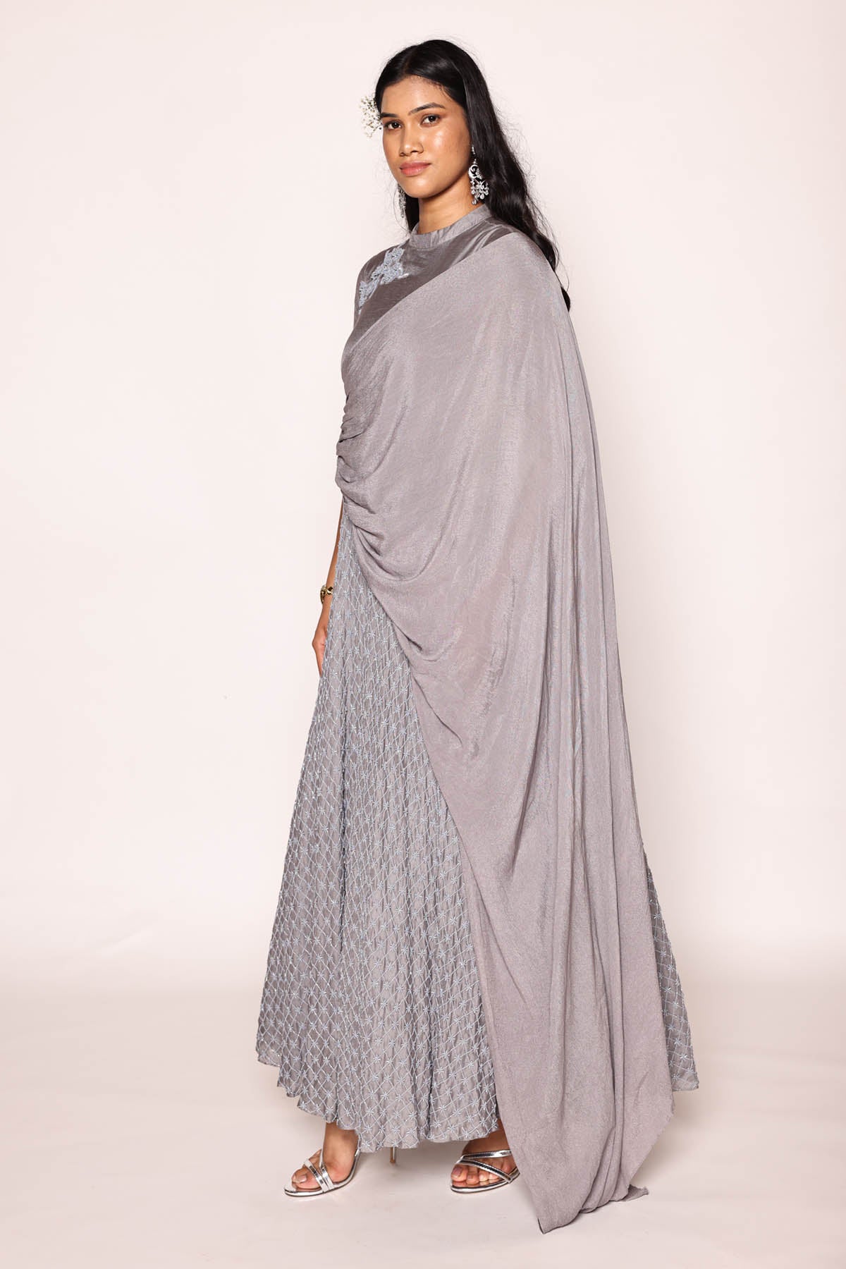 Grey Front Drape Embroidered Dress