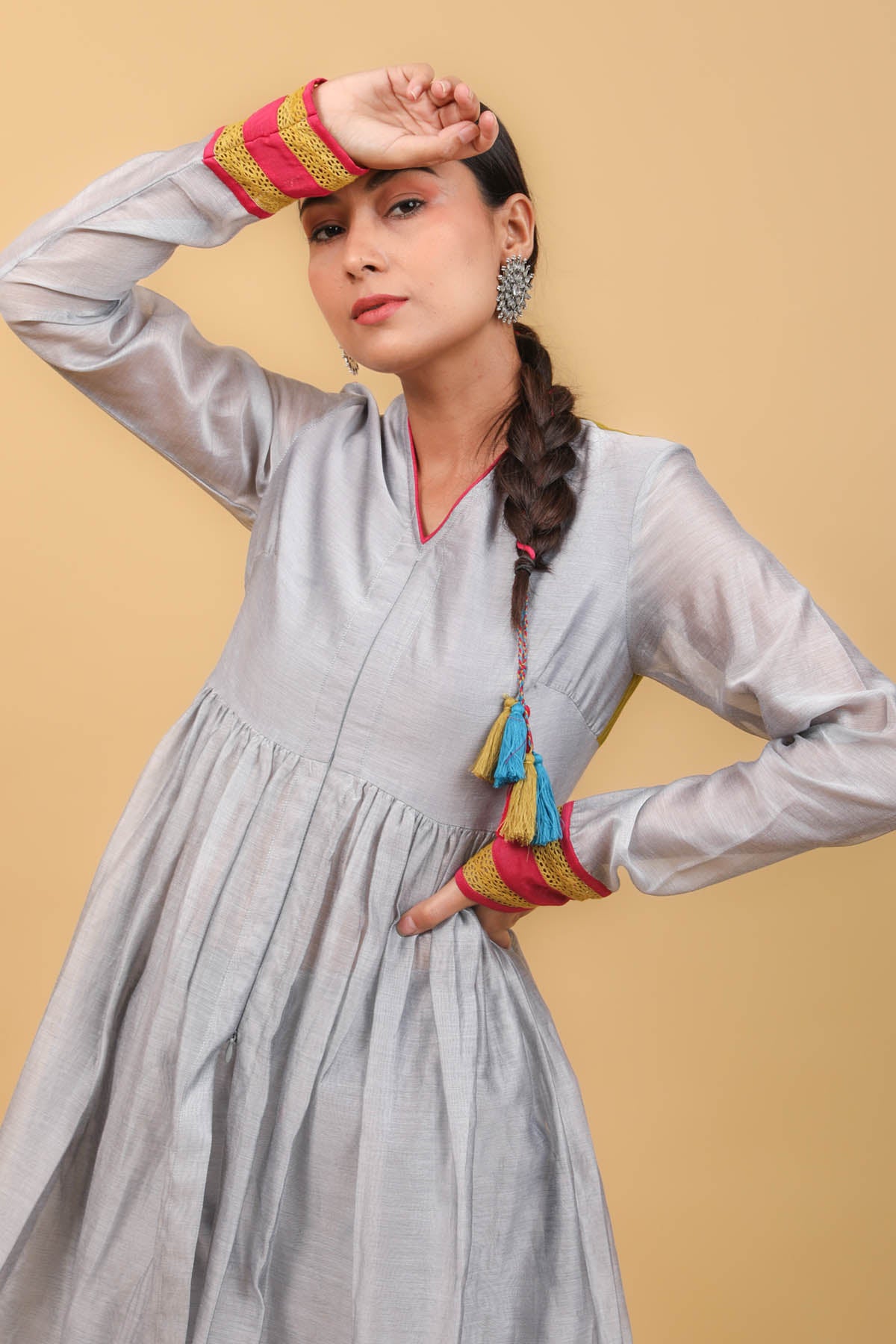 Grey Lace Chanderi Anarkali Set