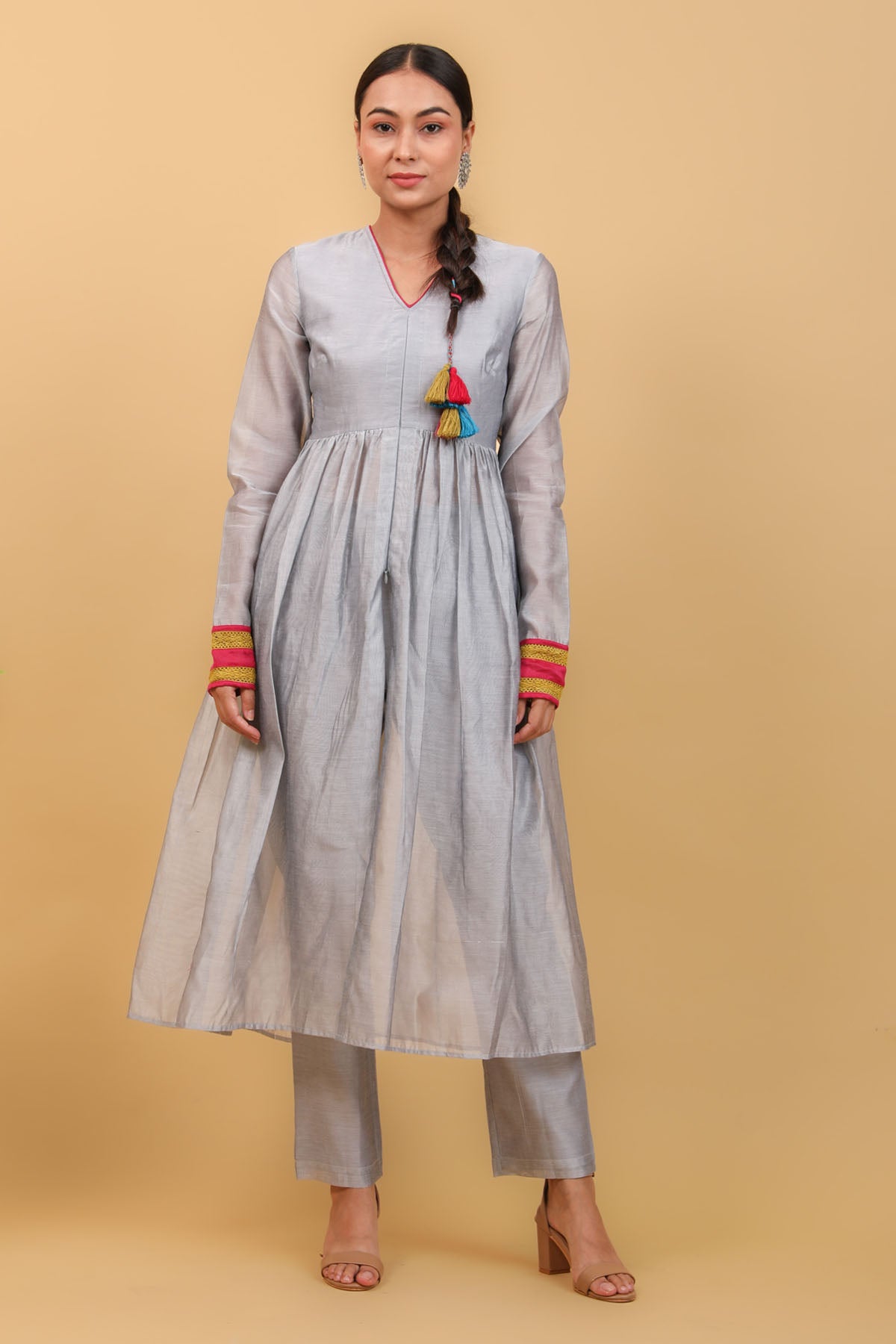 Grey Lace Chanderi Anarkali Set