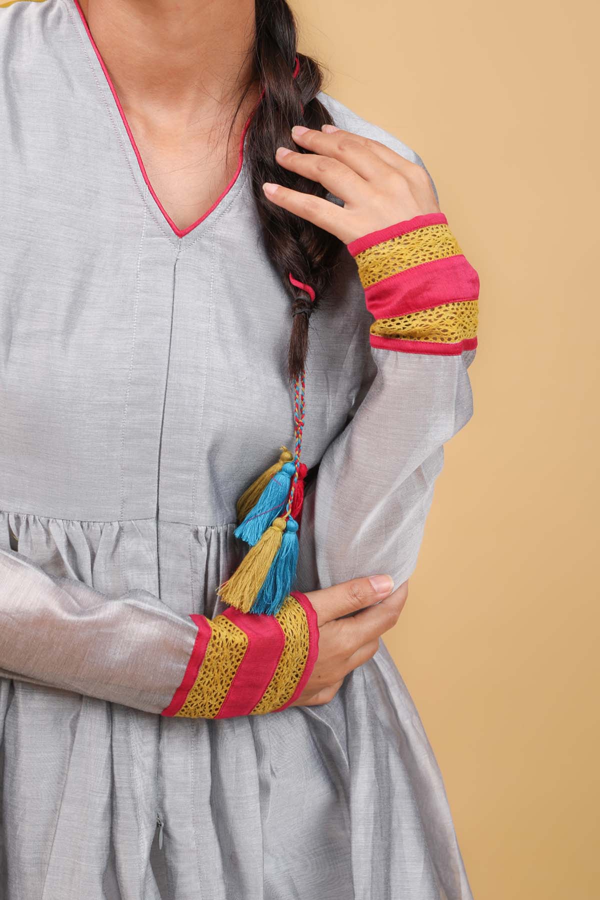 Grey Lace Chanderi Anarkali Set