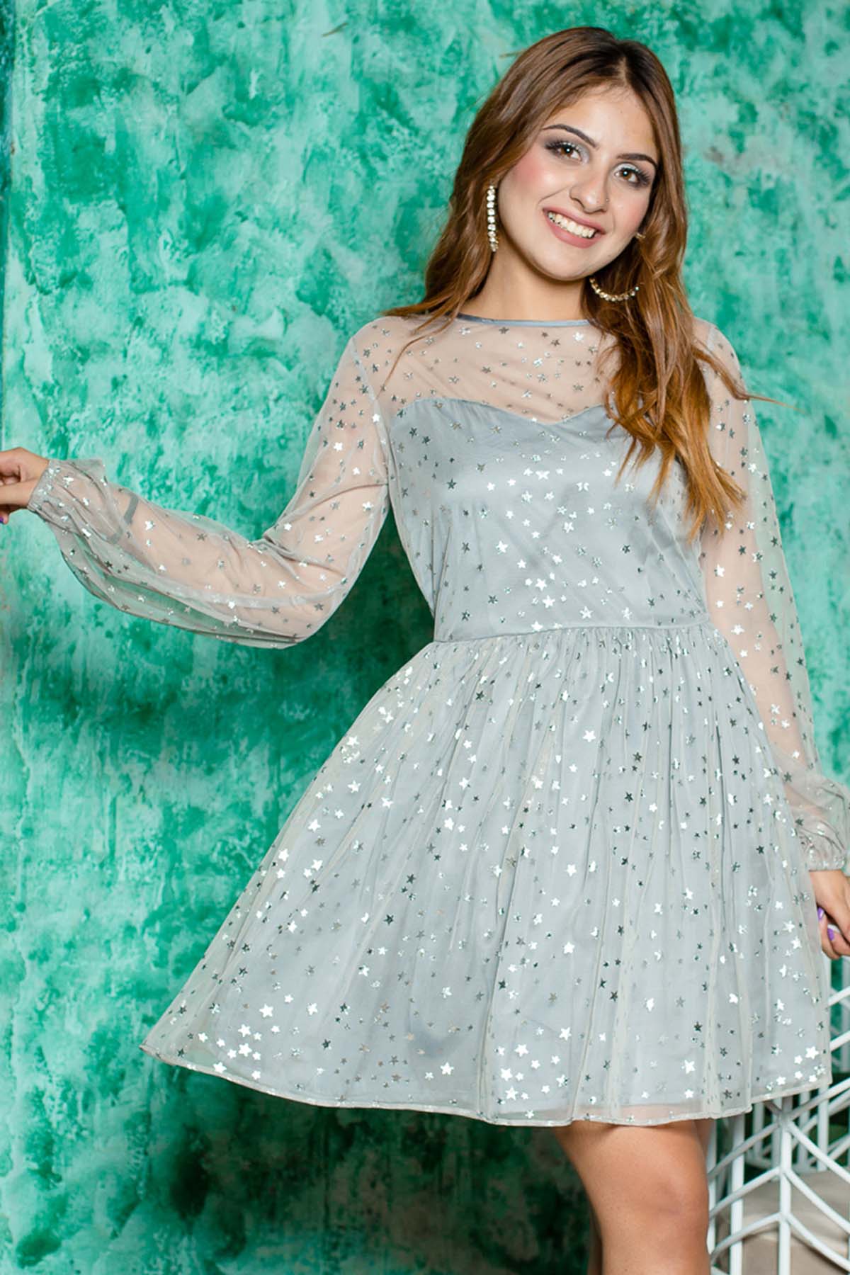 Grey Net Flare Star Mini Dress