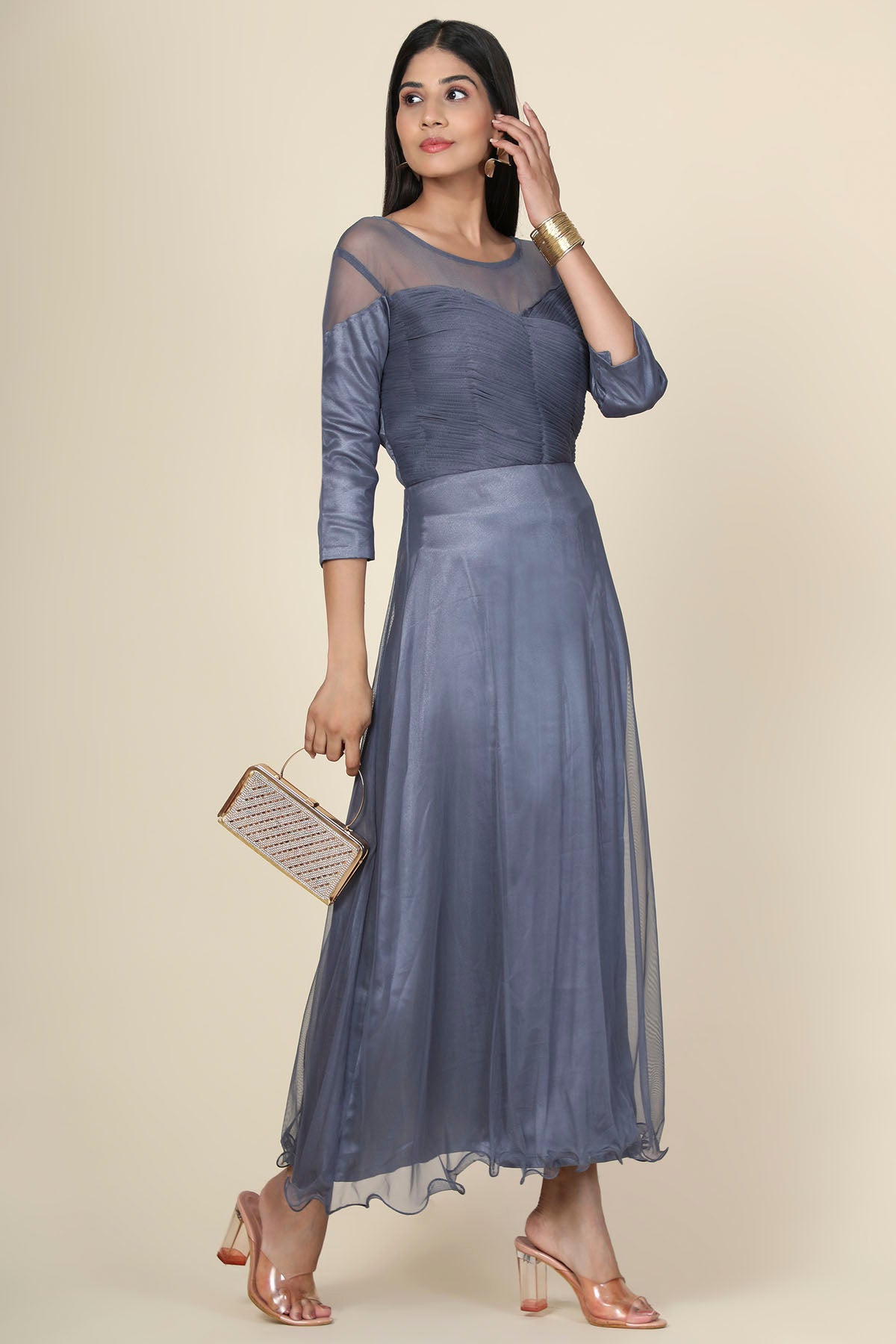 Grey Pleat Draped Gown