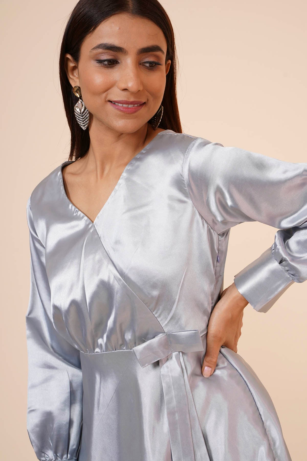 Grey Ribbon Drape Dress