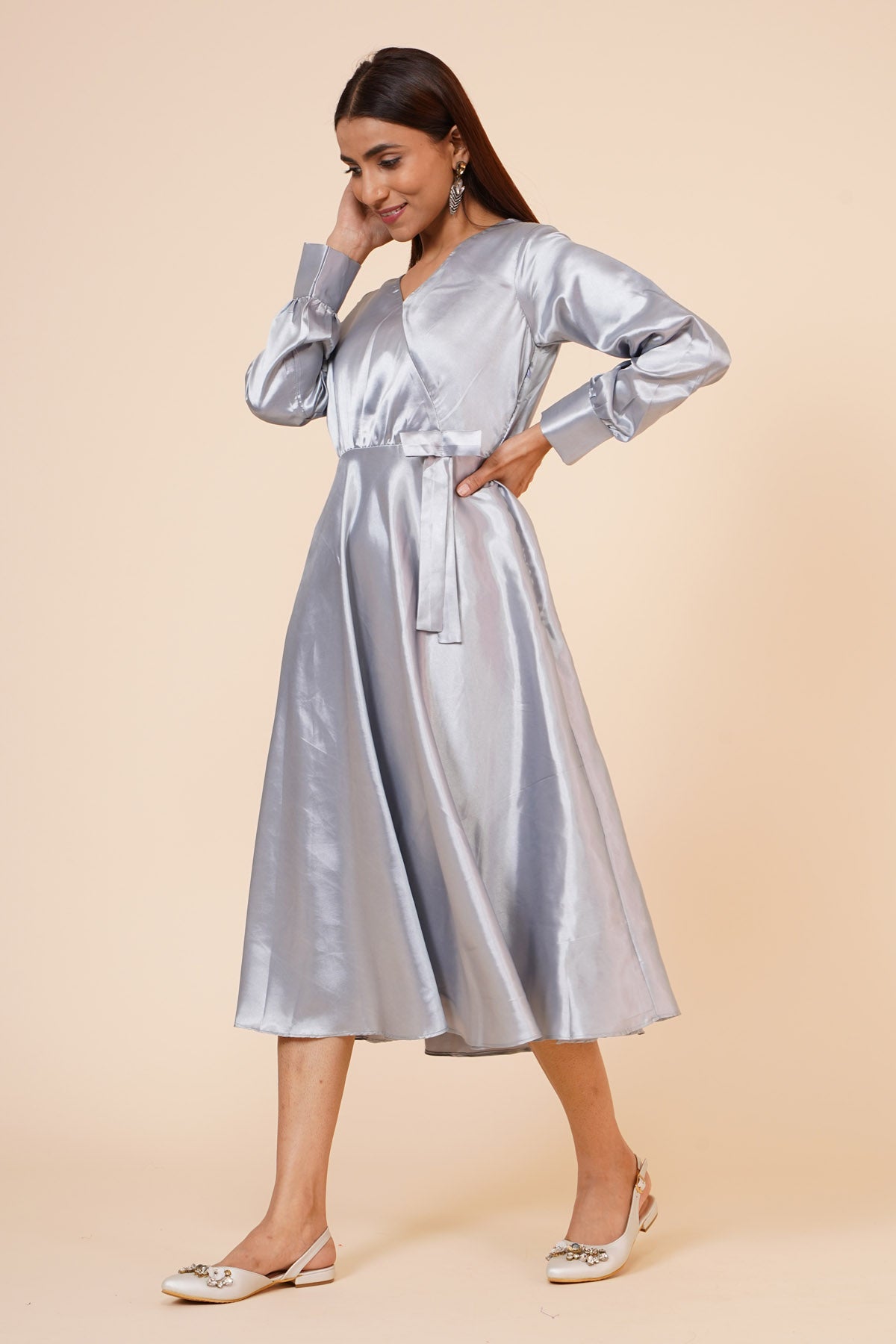 Grey Ribbon Drape Dress