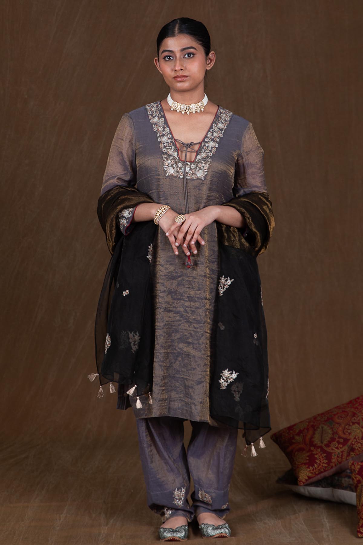 Buy Grey Aari Embroidered Kurta Set by House Of 87 for women online at ScrollnShops