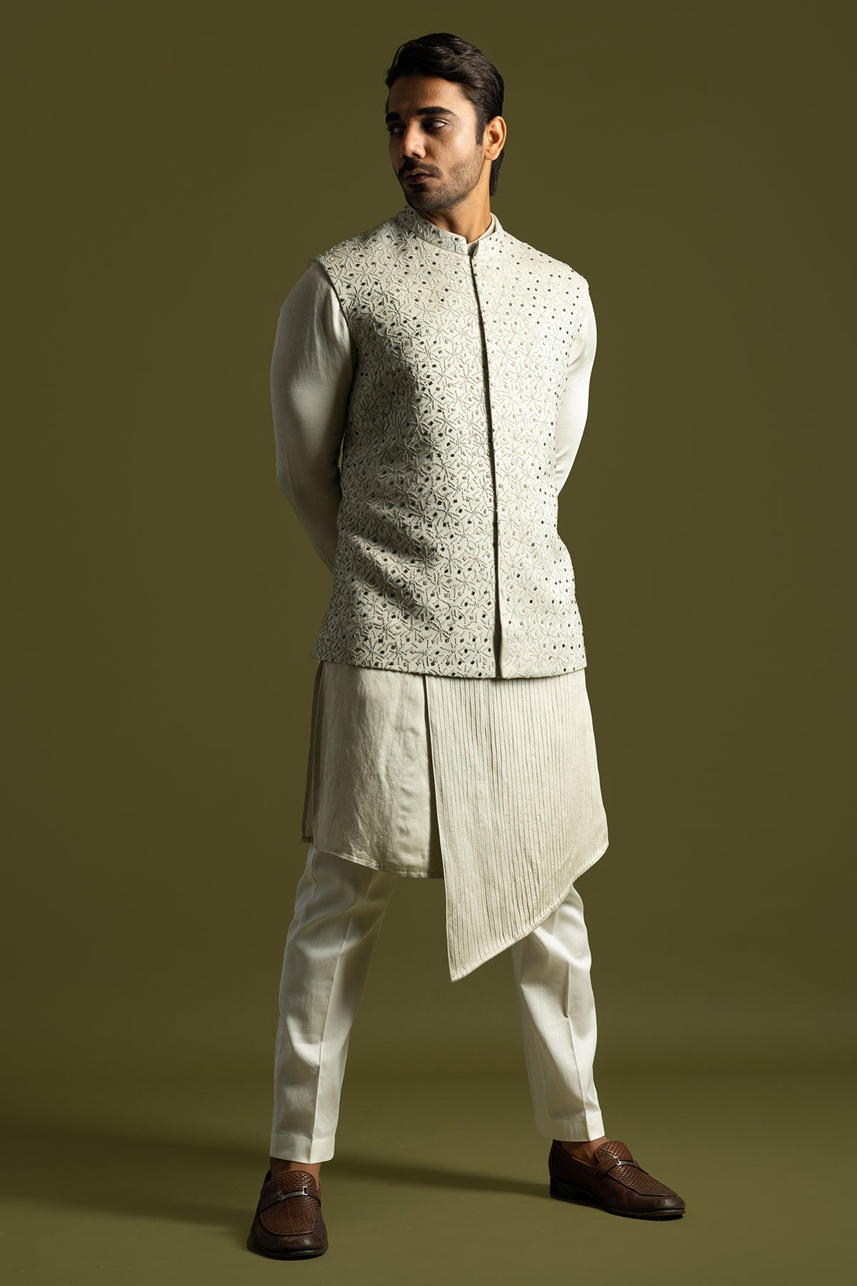Grey Abstract Bundi Kurta Set