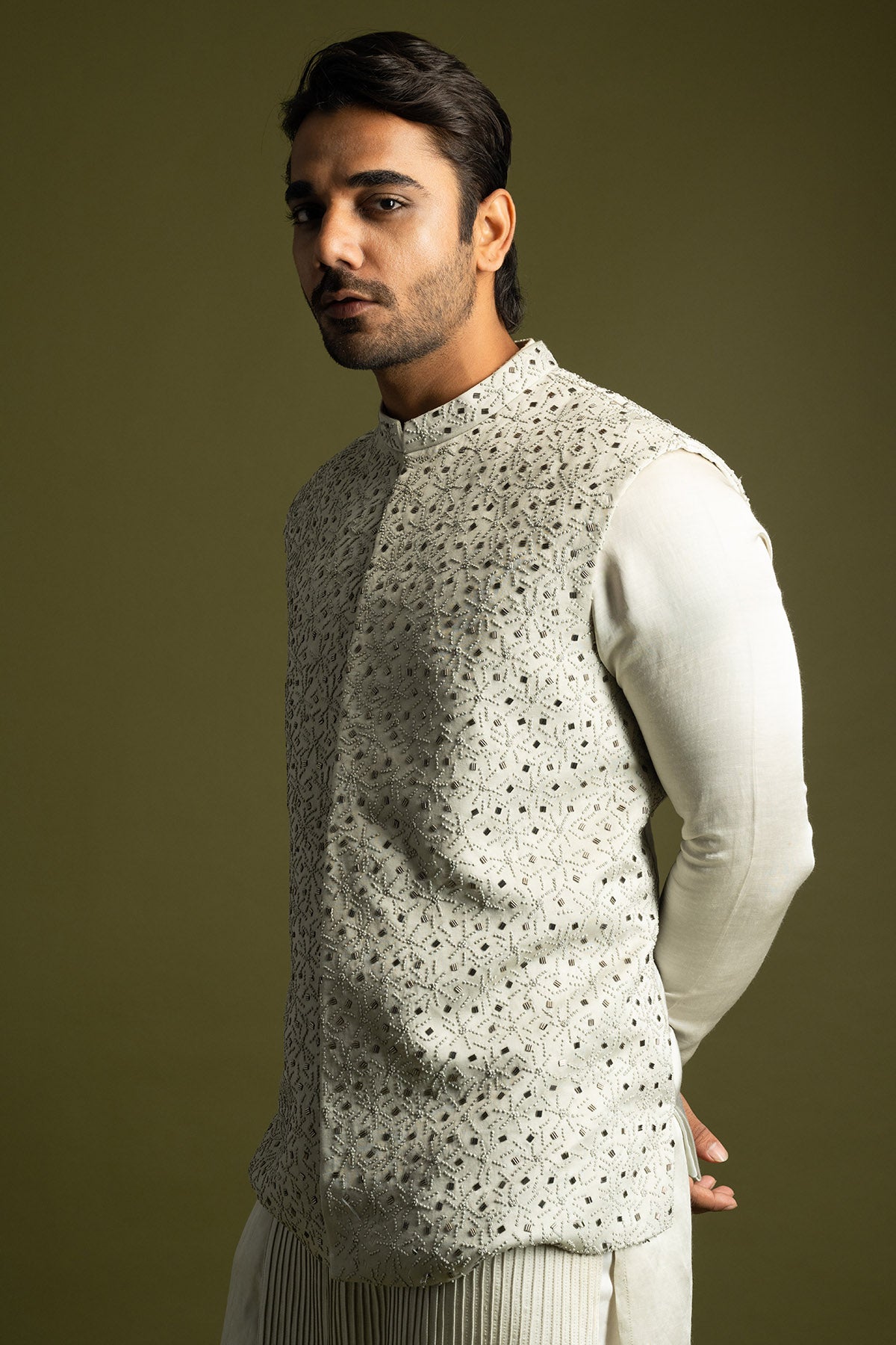 Grey Abstract Bundi Kurta Set
