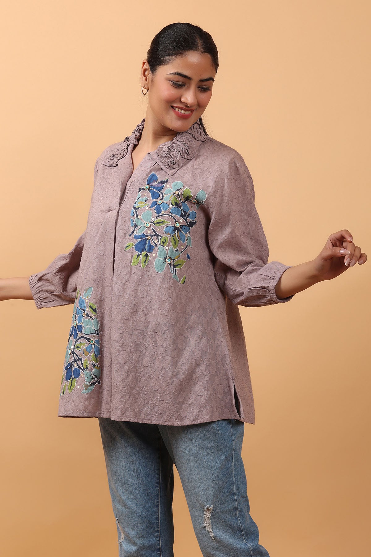 Grey Applique Embroidered Top