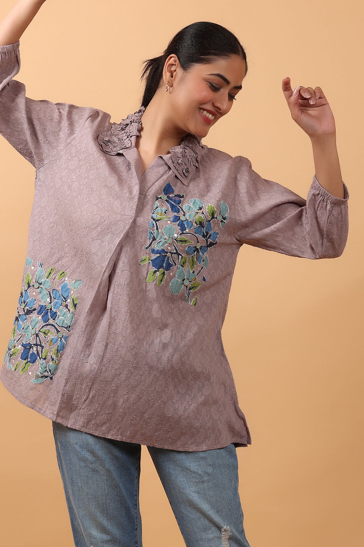 Grey Applique Embroidered Top