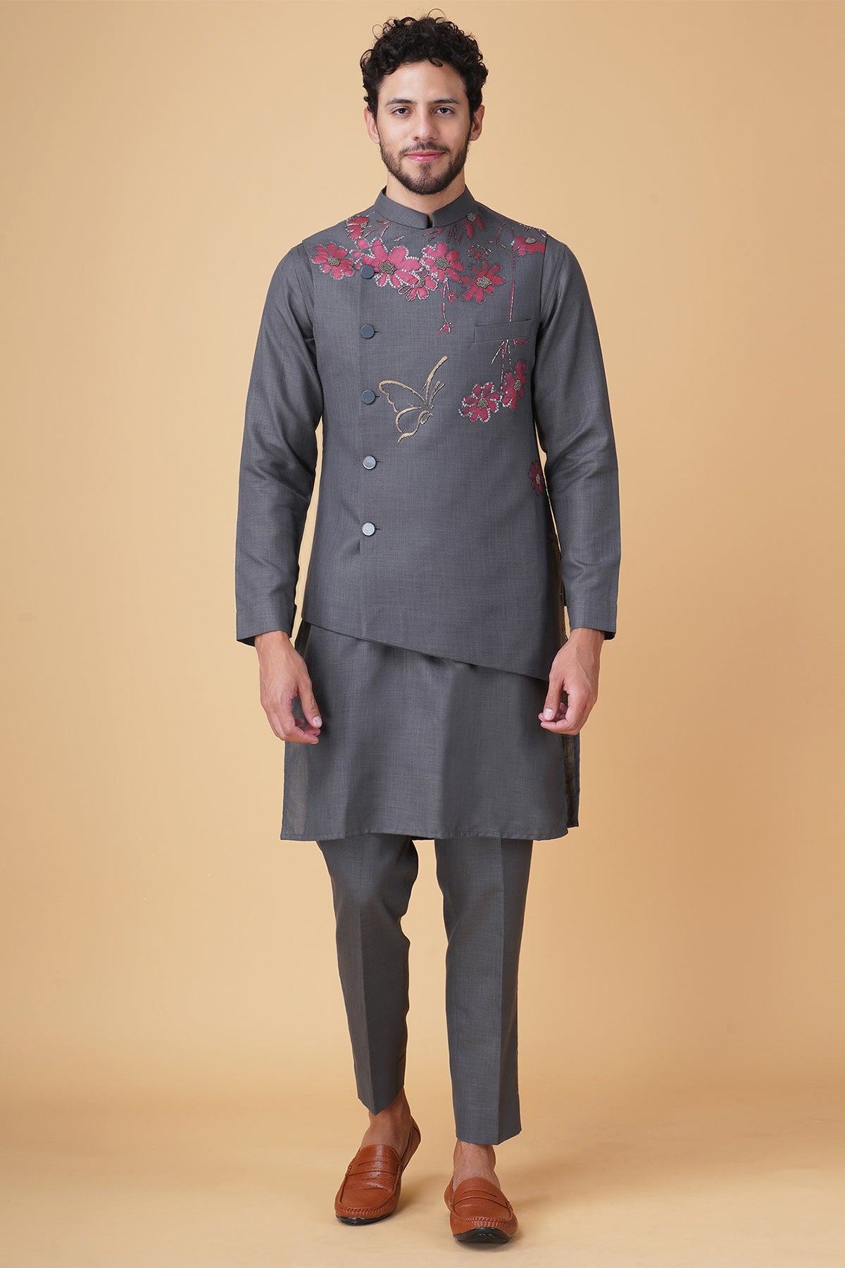 Buy Grey Asymmetrical Bundi Set by Manish Nagdeo for Men online at ScrollnShops