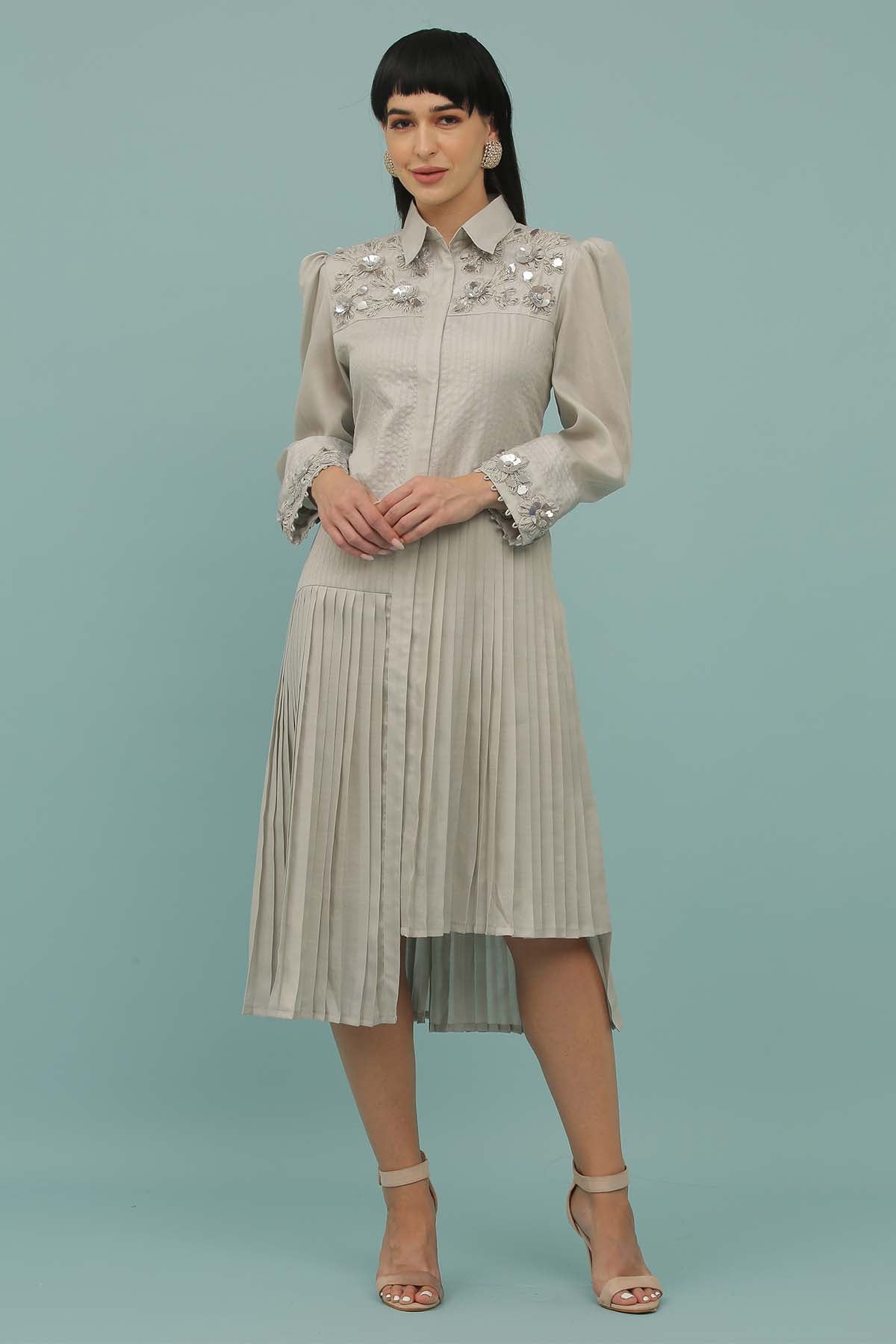 Grey Asymmetrical Shirt Dress - Main Image