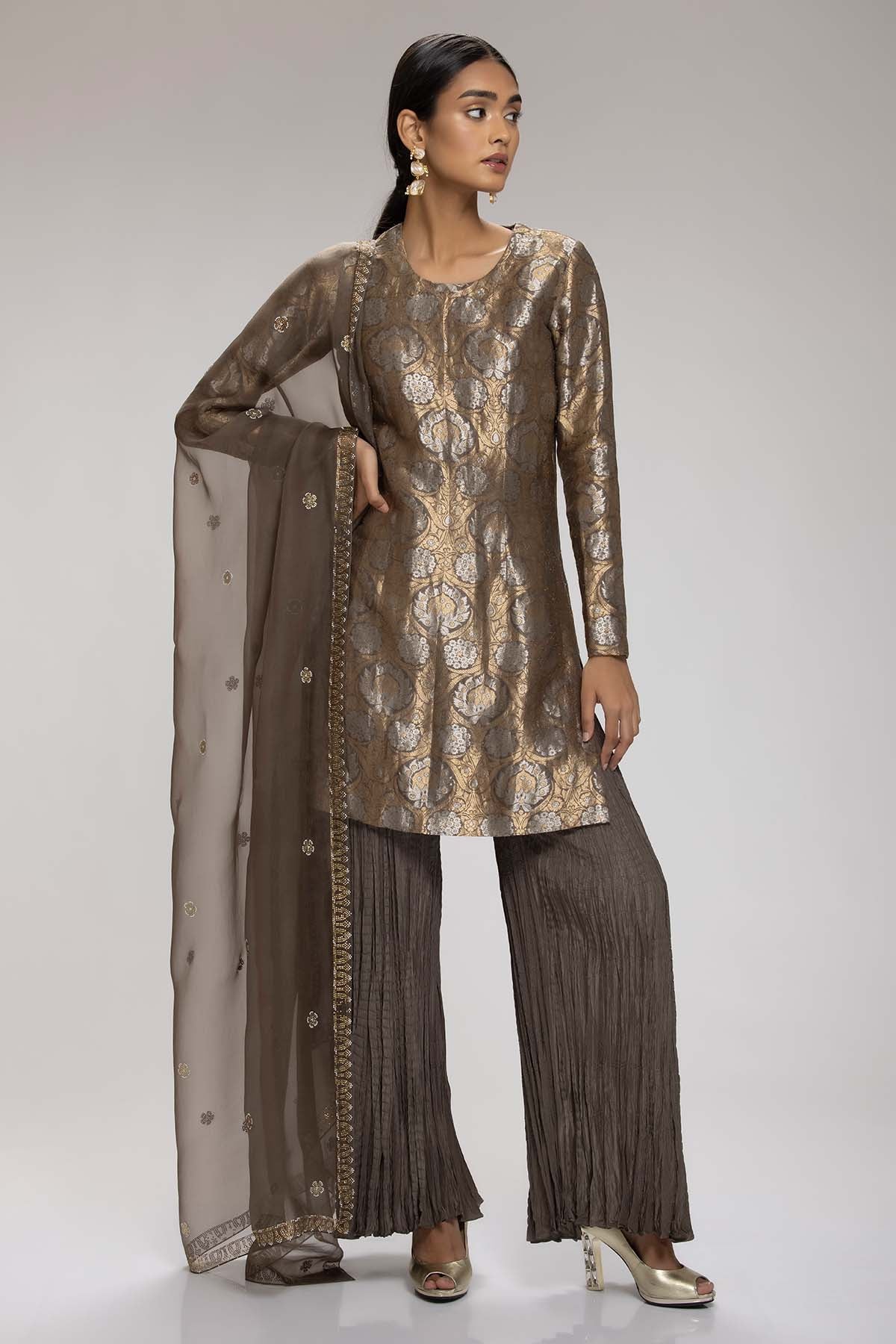 Chhaya Mehrotra Grey Banarasi Brocade Kurta Set for women online at ScrollnShops