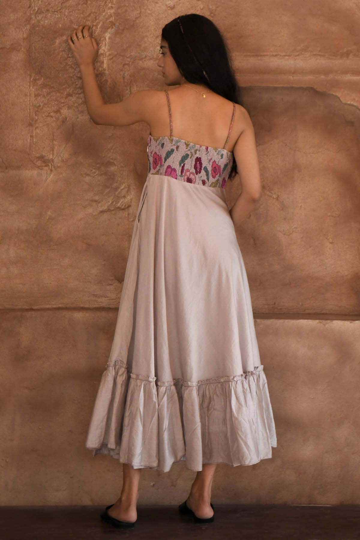 Grey Bead Work Print Midi Dress