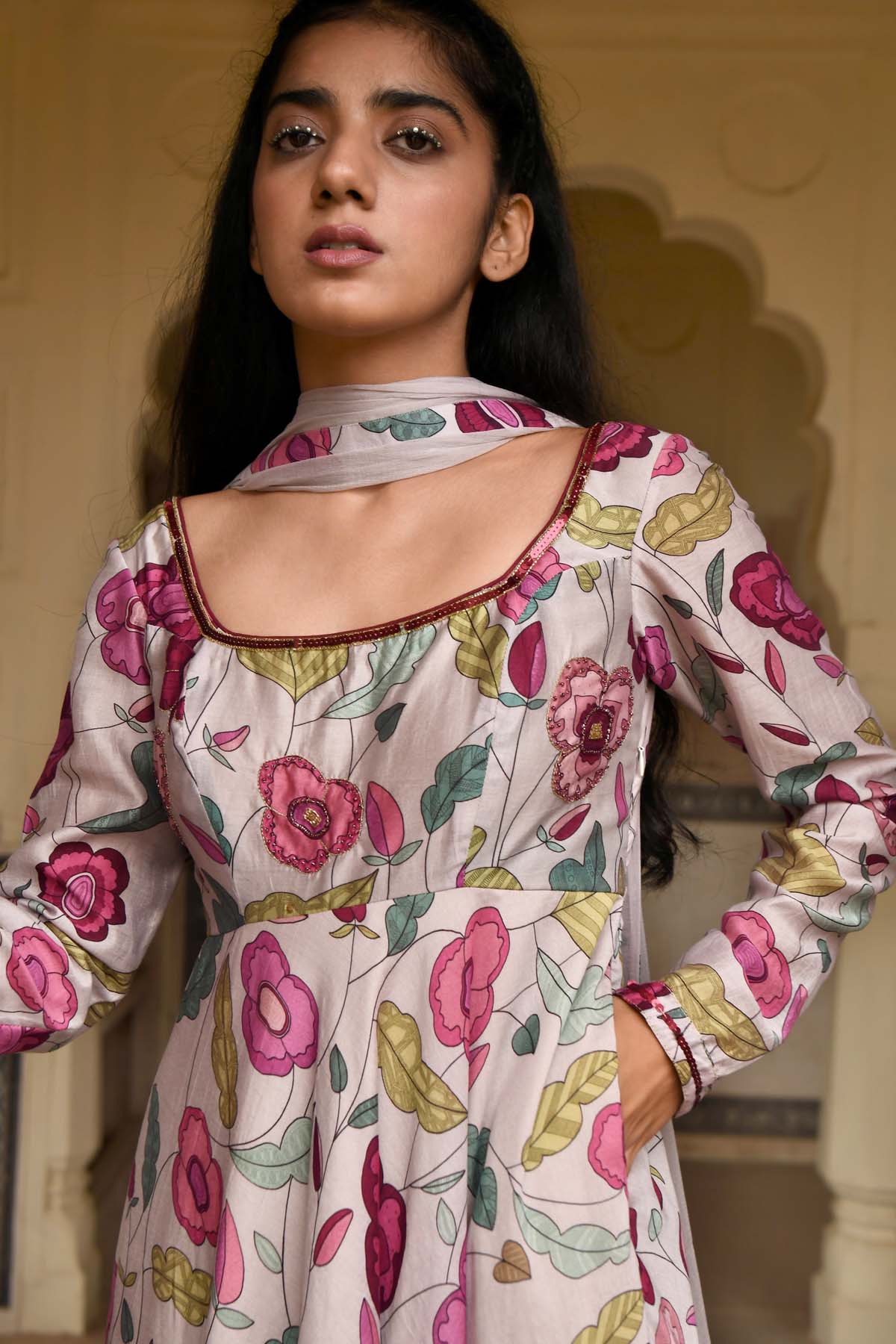 Grey Beads Embroidered Kurta Set