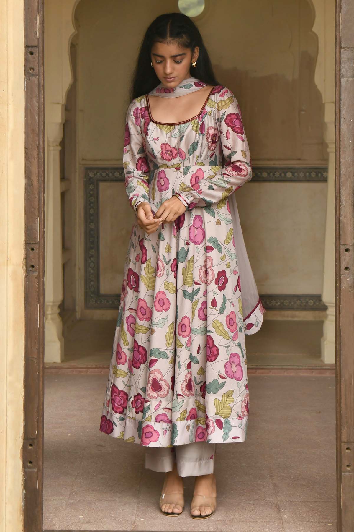 Grey Beads Embroidered Kurta Set