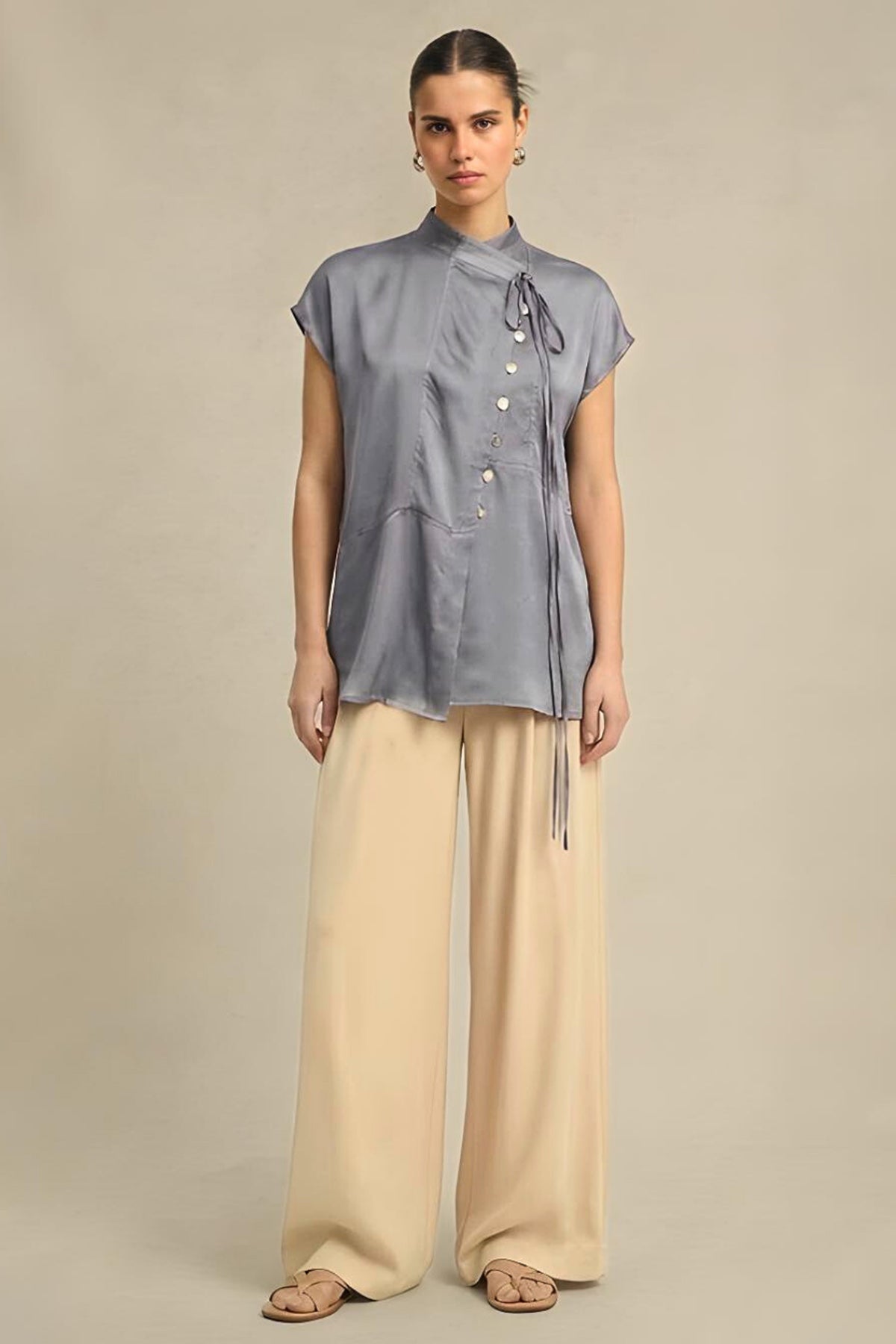 Buy Grey Bemberg Silk Tie Up Top for women by Neora online available at scrollnshops