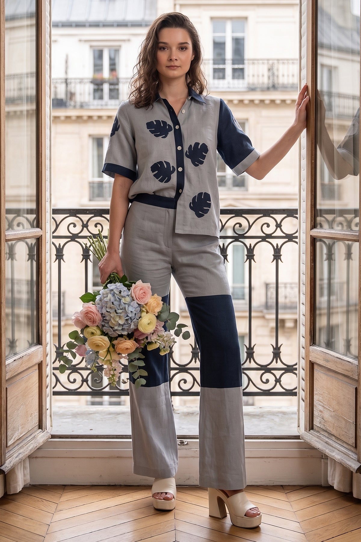 Buy Grey Blue Leaf Patchwork Shirt for women by Sneha B online available at scrollnshops