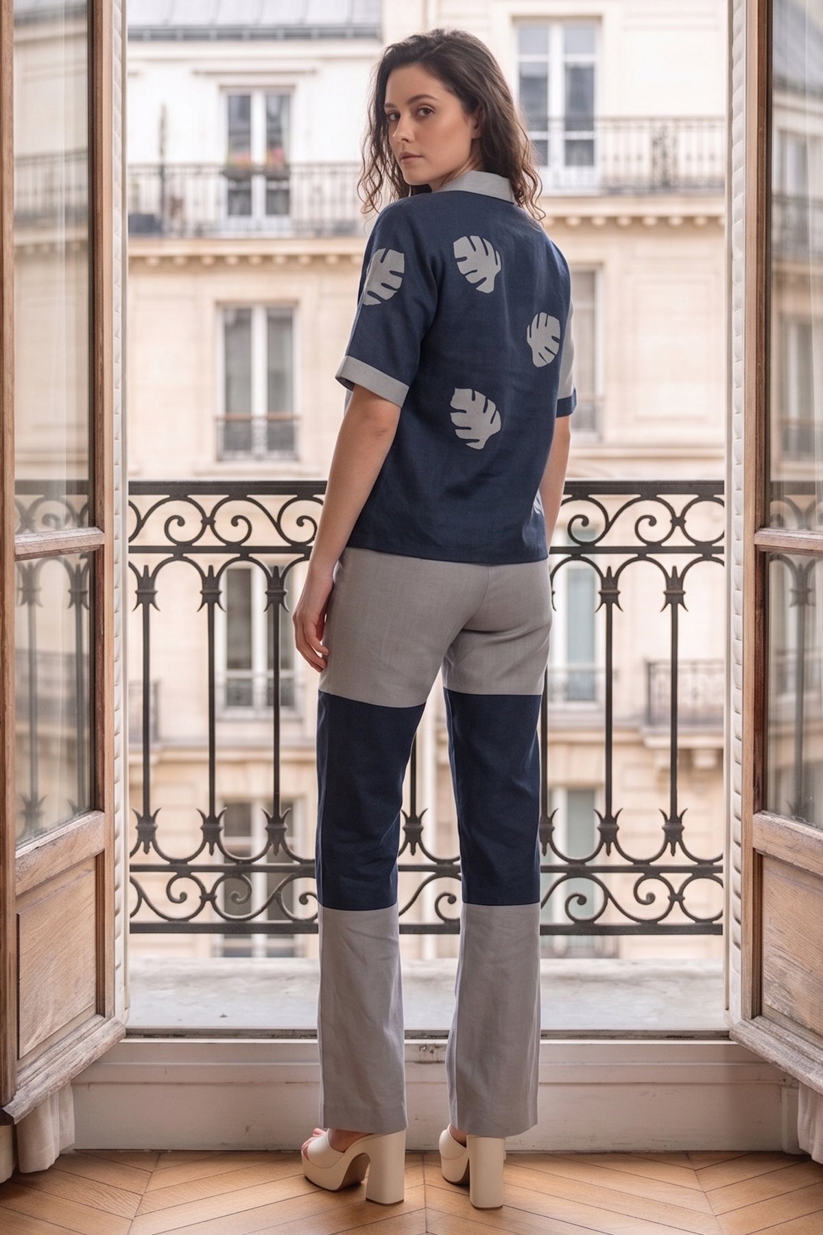 Grey Blue Leaf Patchwork Shirt