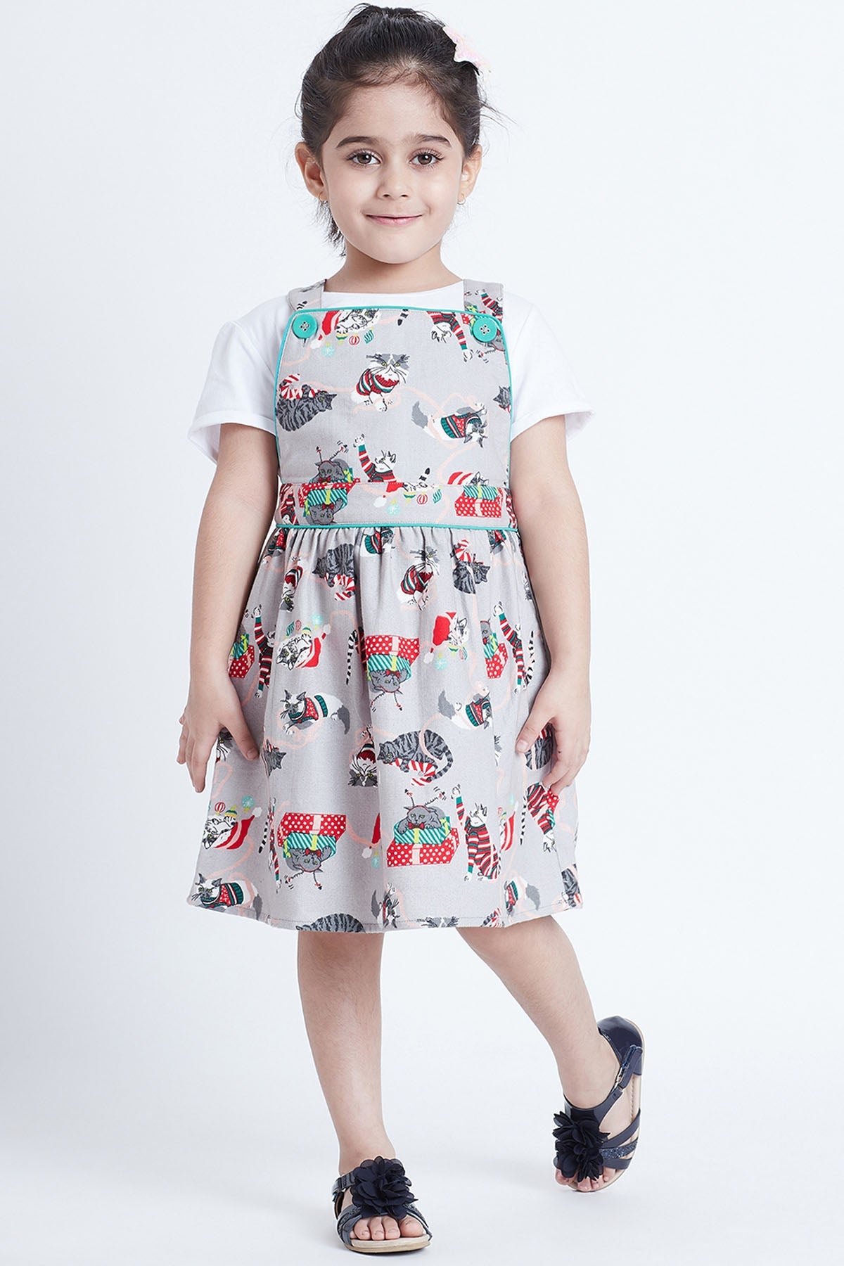 Bohobi Grey Cat Printed Straps Dress for kids online at ScrollnShops