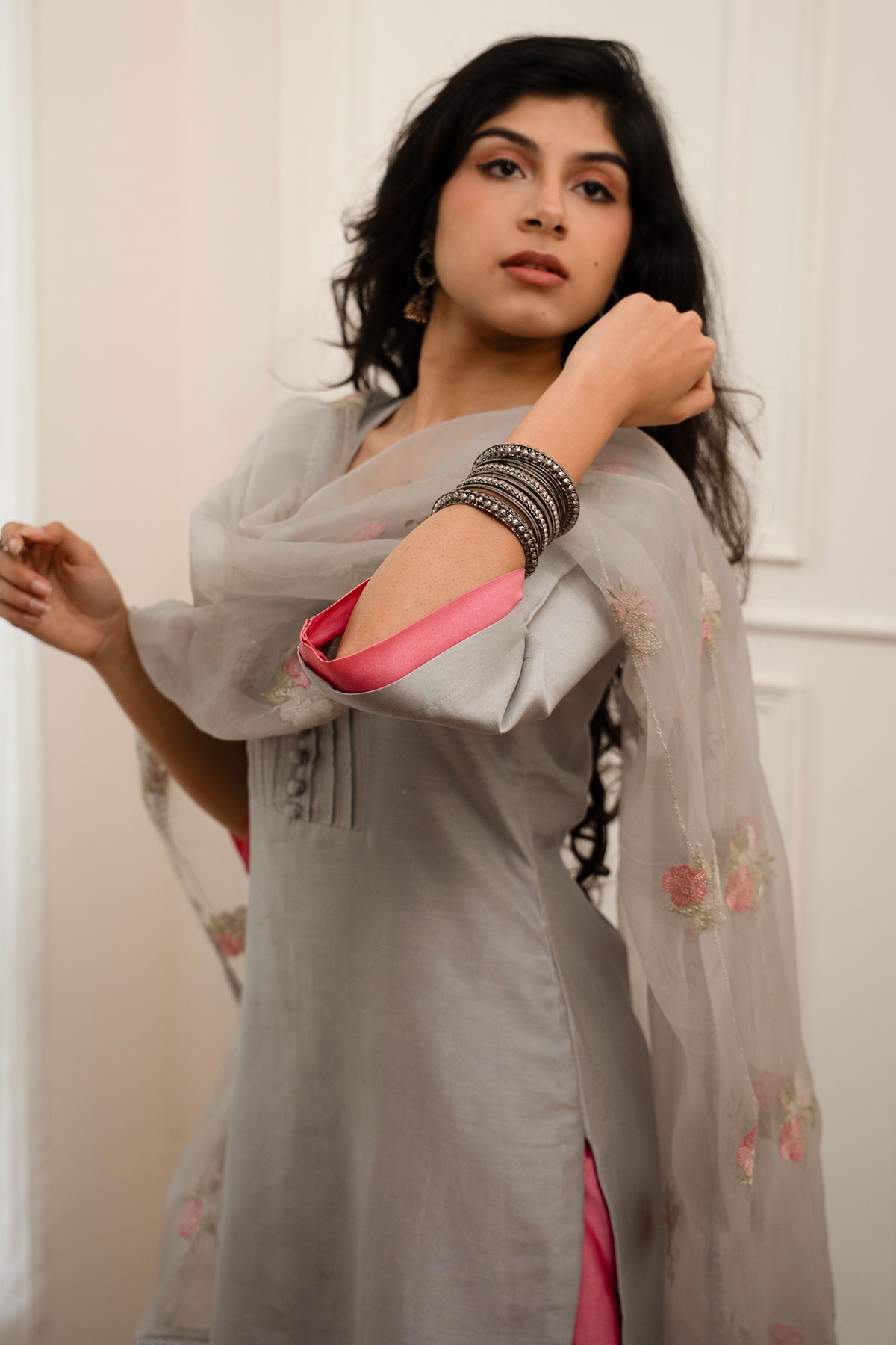 Grey Chanderi Floral Kurta Set