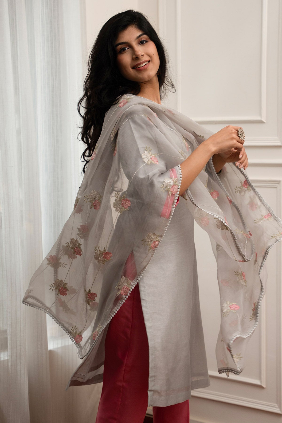 Buy Grey Chanderi Floral Kurta Set for women by The Hemming Bird online available at scrollnshops