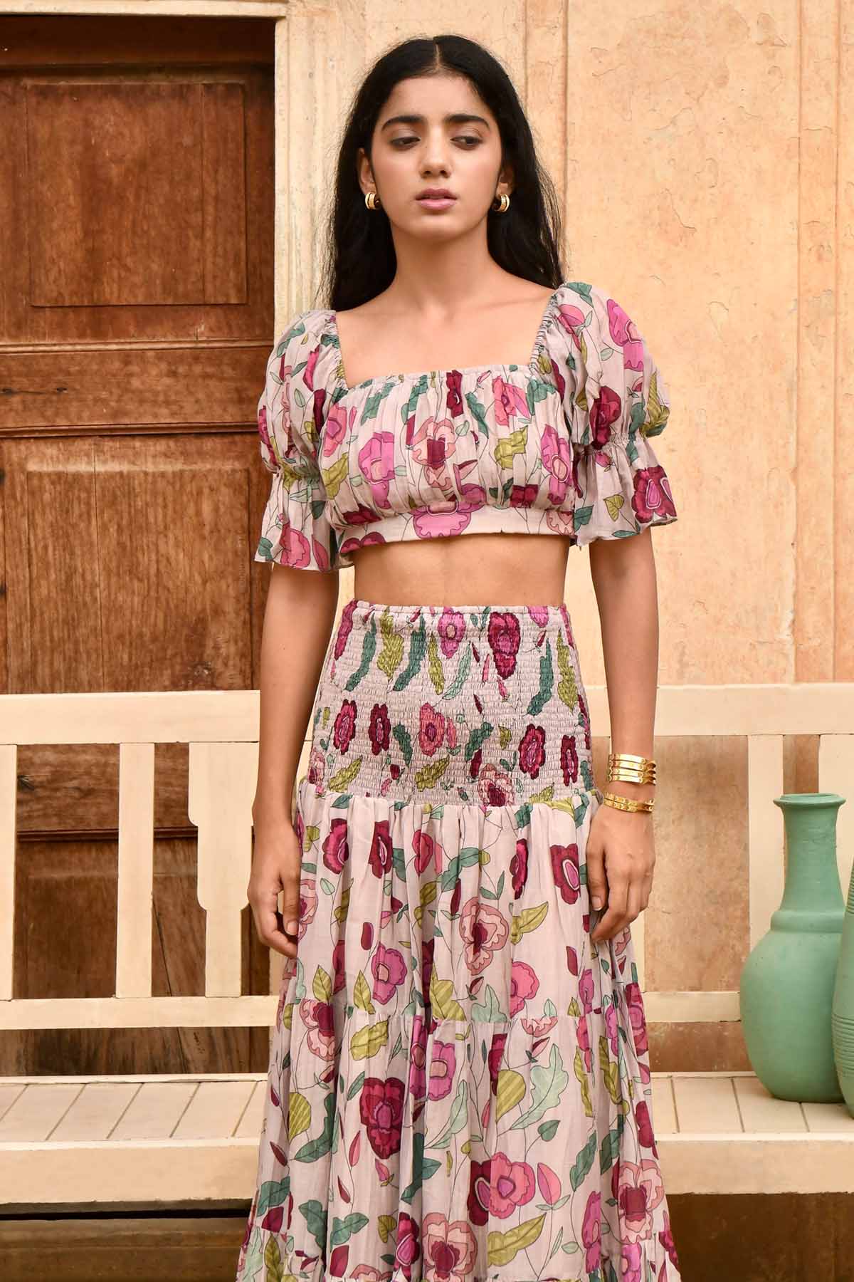 Taro India Grey Chanderi Silk Crop Top for women online at ScrollnShops