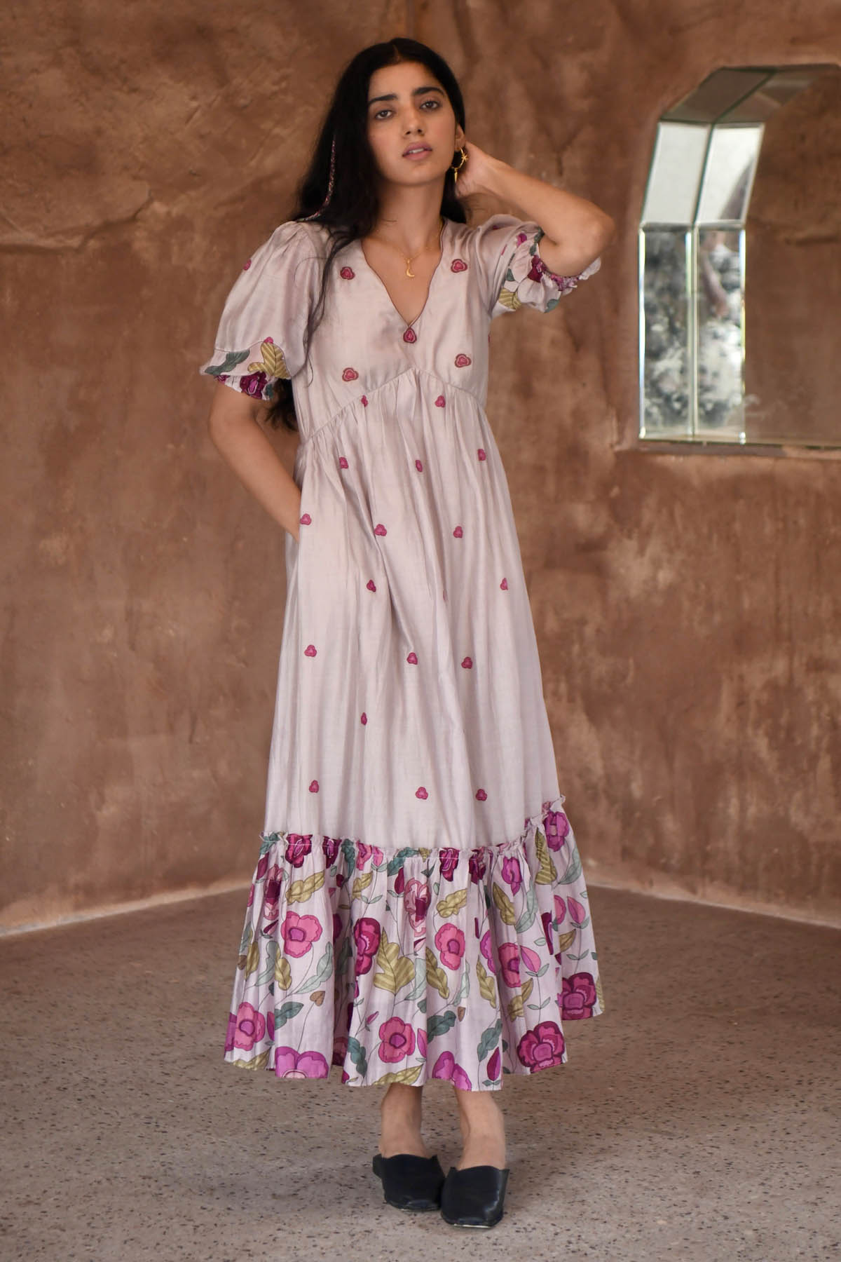 Taro India Grey Chanderi Silk Midi Dress for women online at ScrollnShops