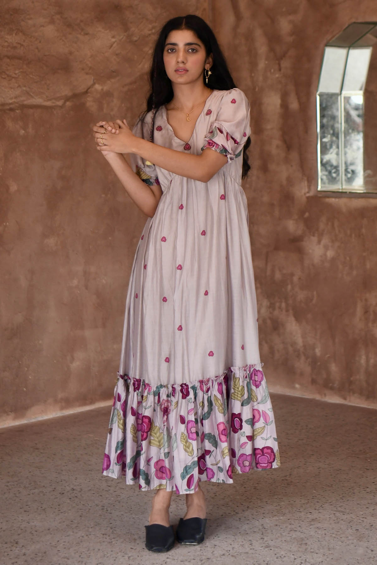 Grey Chanderi Silk Midi Dress