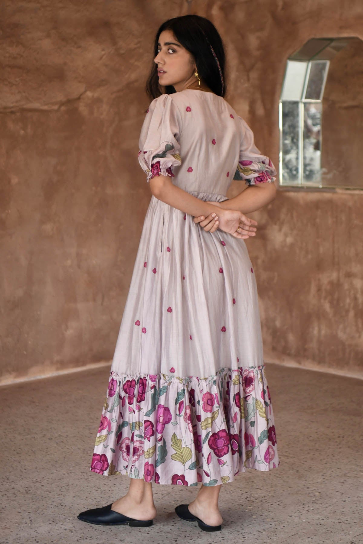 Grey Chanderi Silk Midi Dress