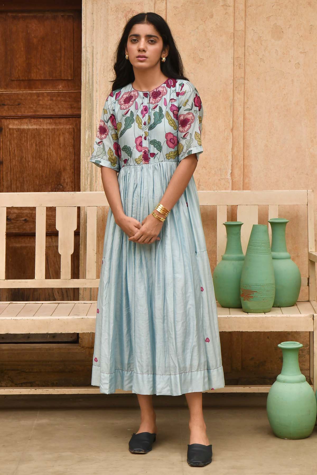 Grey Chanderi Silk Print Dress