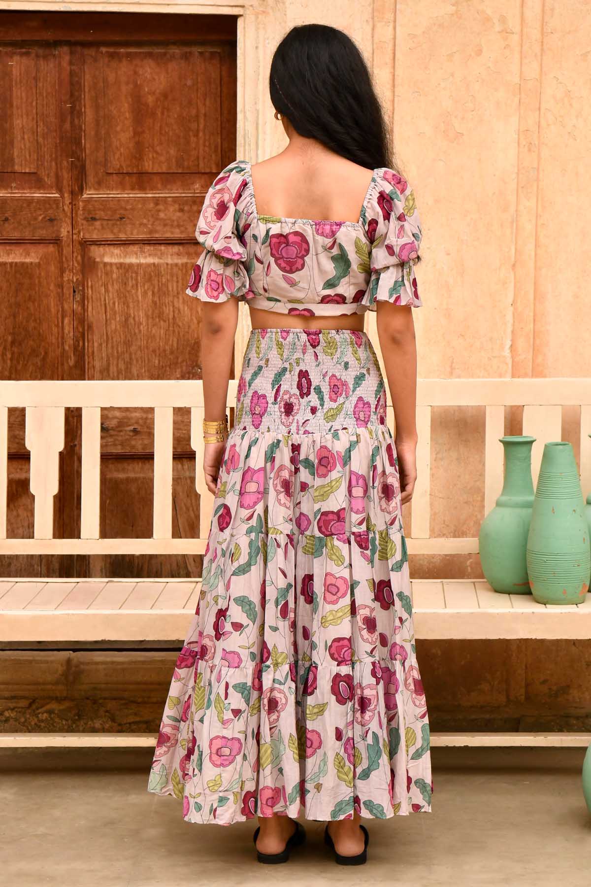 Grey Chanderi Silk Tiered Skirt