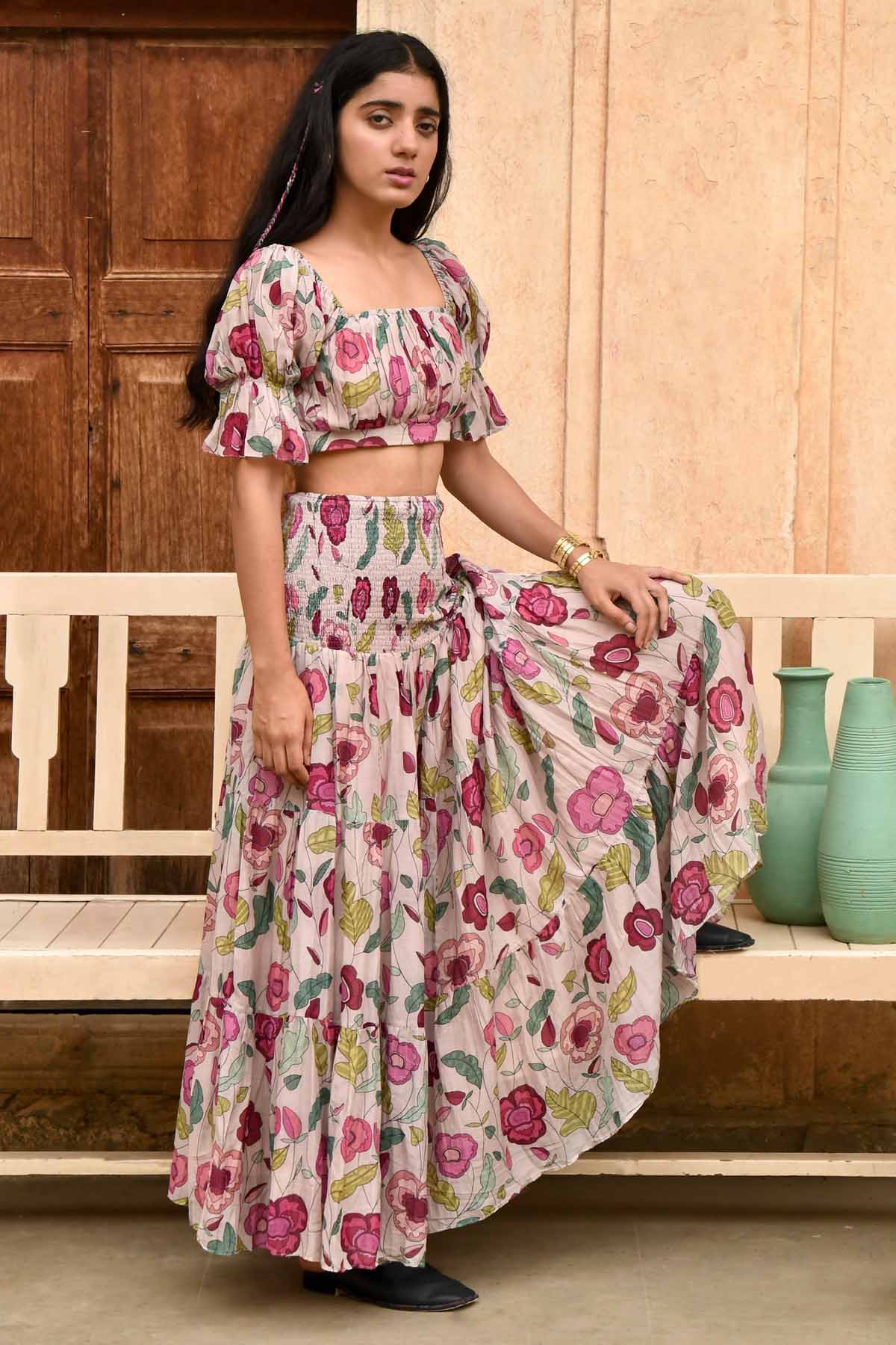 Grey Chanderi Silk Tiered Skirt