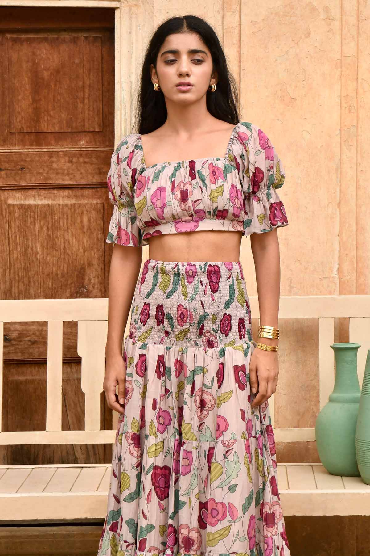 Grey Chanderi Silk Tiered Skirt