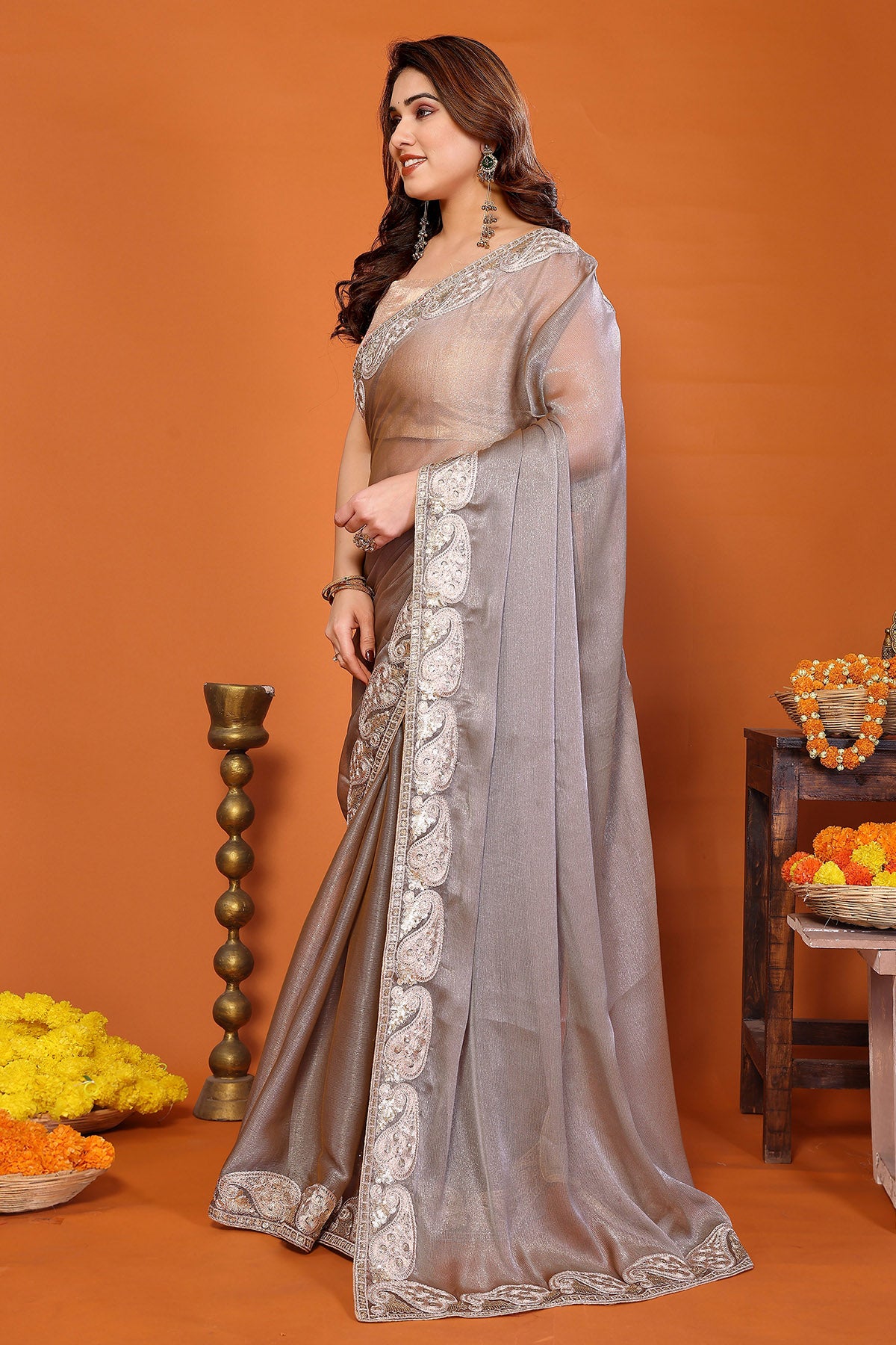 Grey Chiffon Sitara Gota Saree